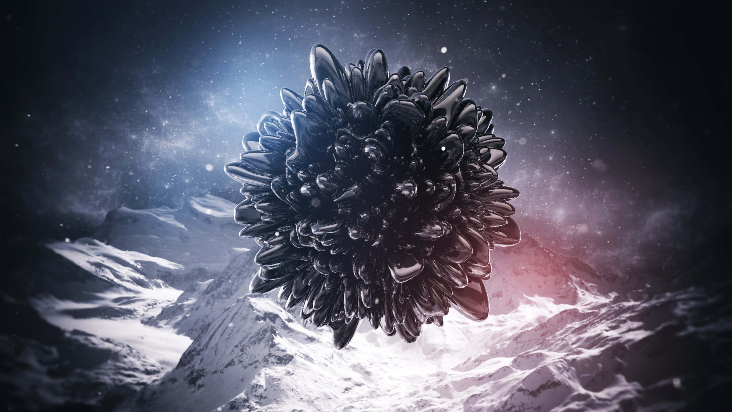 glossy black chrysanthemum, snowy mountains, starry cosmic sky, 2K Desktop Wallpaper