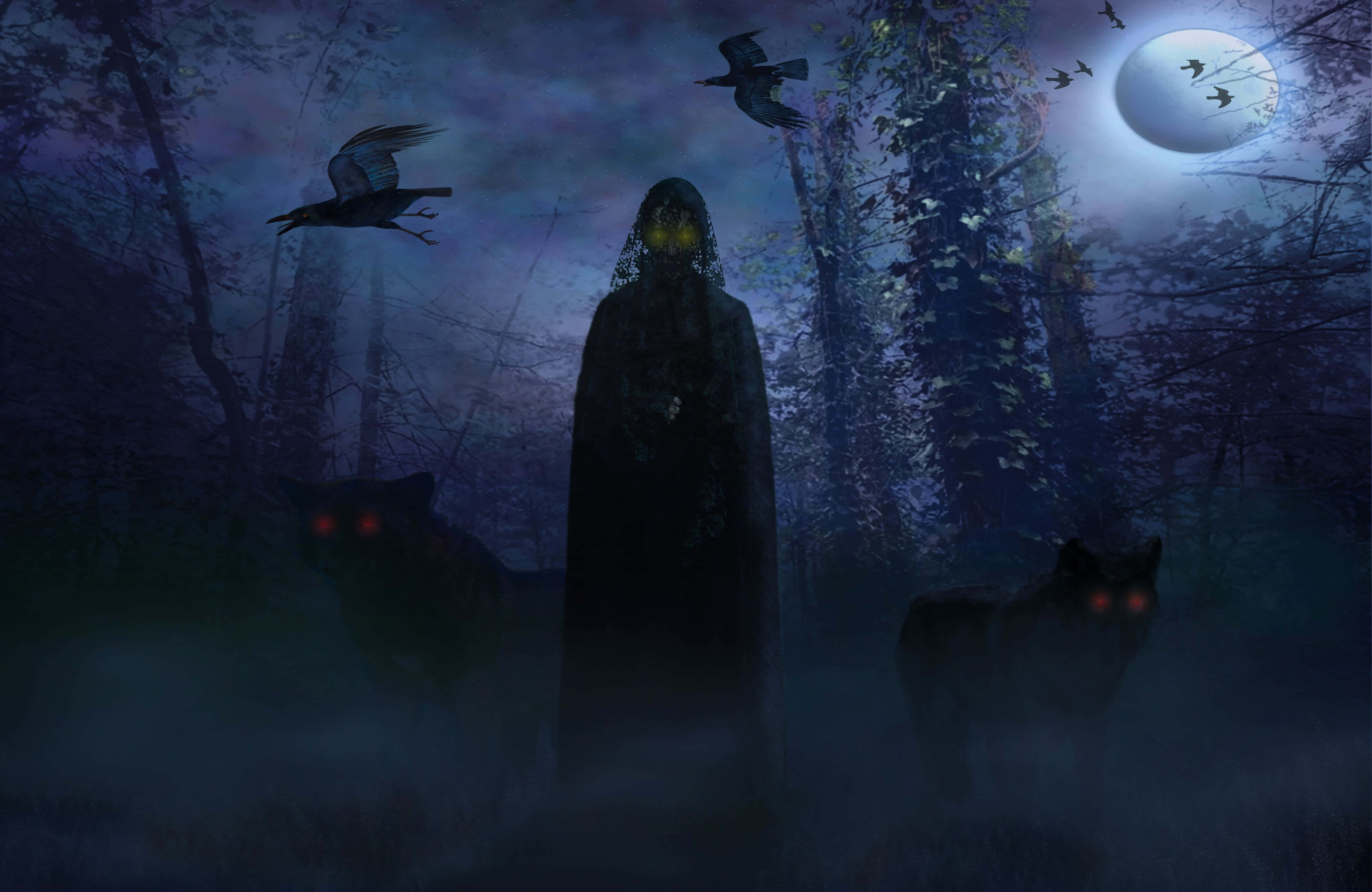 Dark Spirit, hooded figure, glowing eyes, 4K Desktop Wallpaper