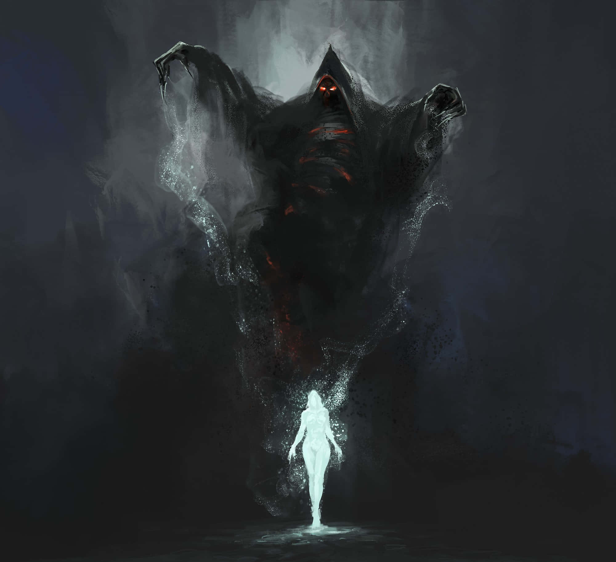 Dark Spirit, glowing white figure, towering dark hooded entity, Full HD Desktop Wallpaper