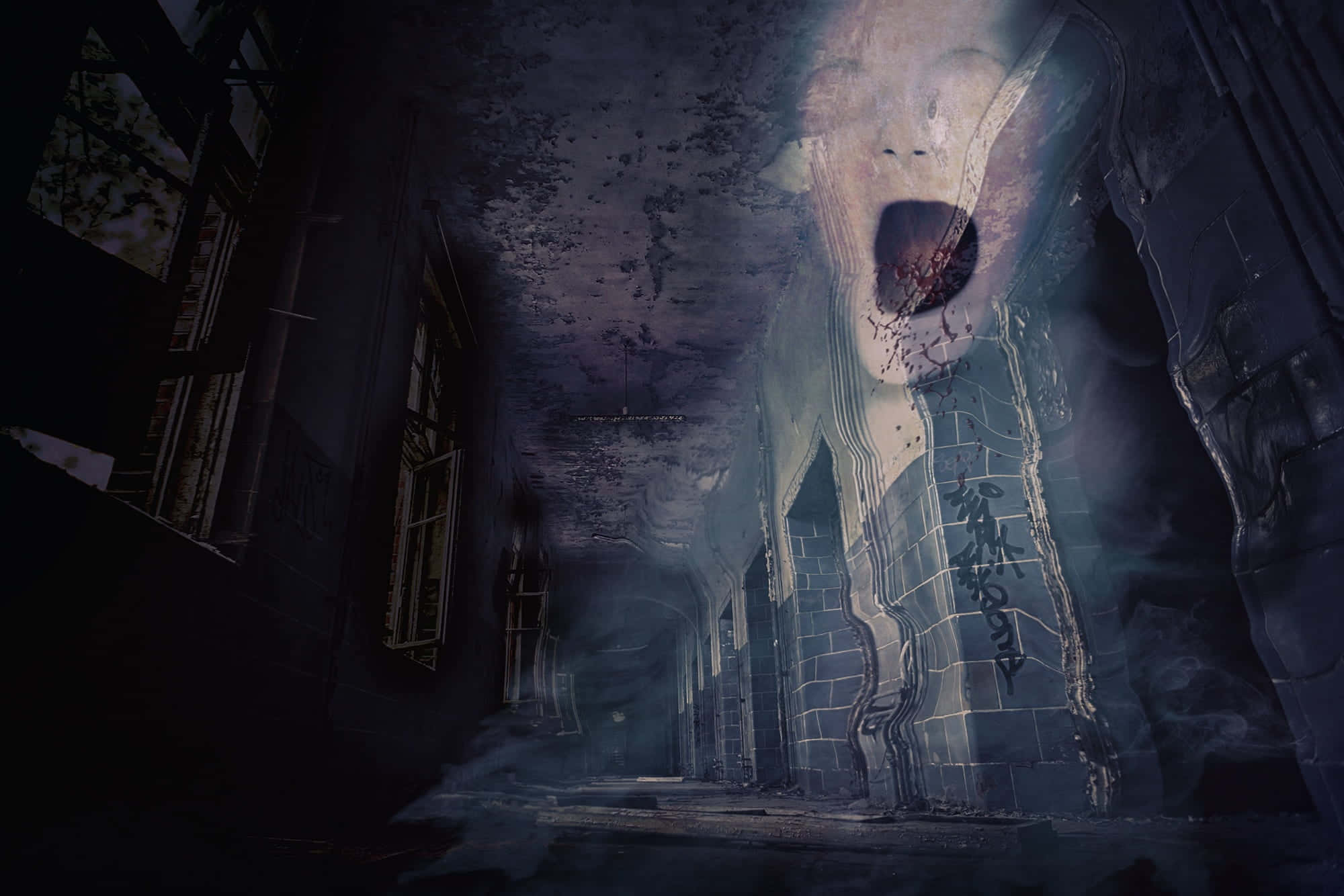 Dark Spirit, hallway, ghostly screaming face, Full HD Desktop Wallpaper