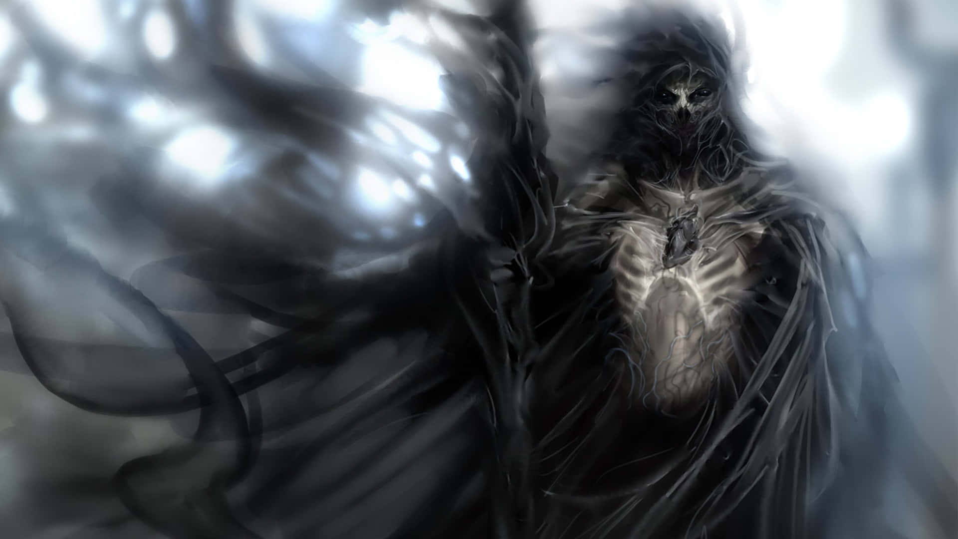 Dark Spirit, skeletal face, glowing wings, Full HD Desktop Wallpaper