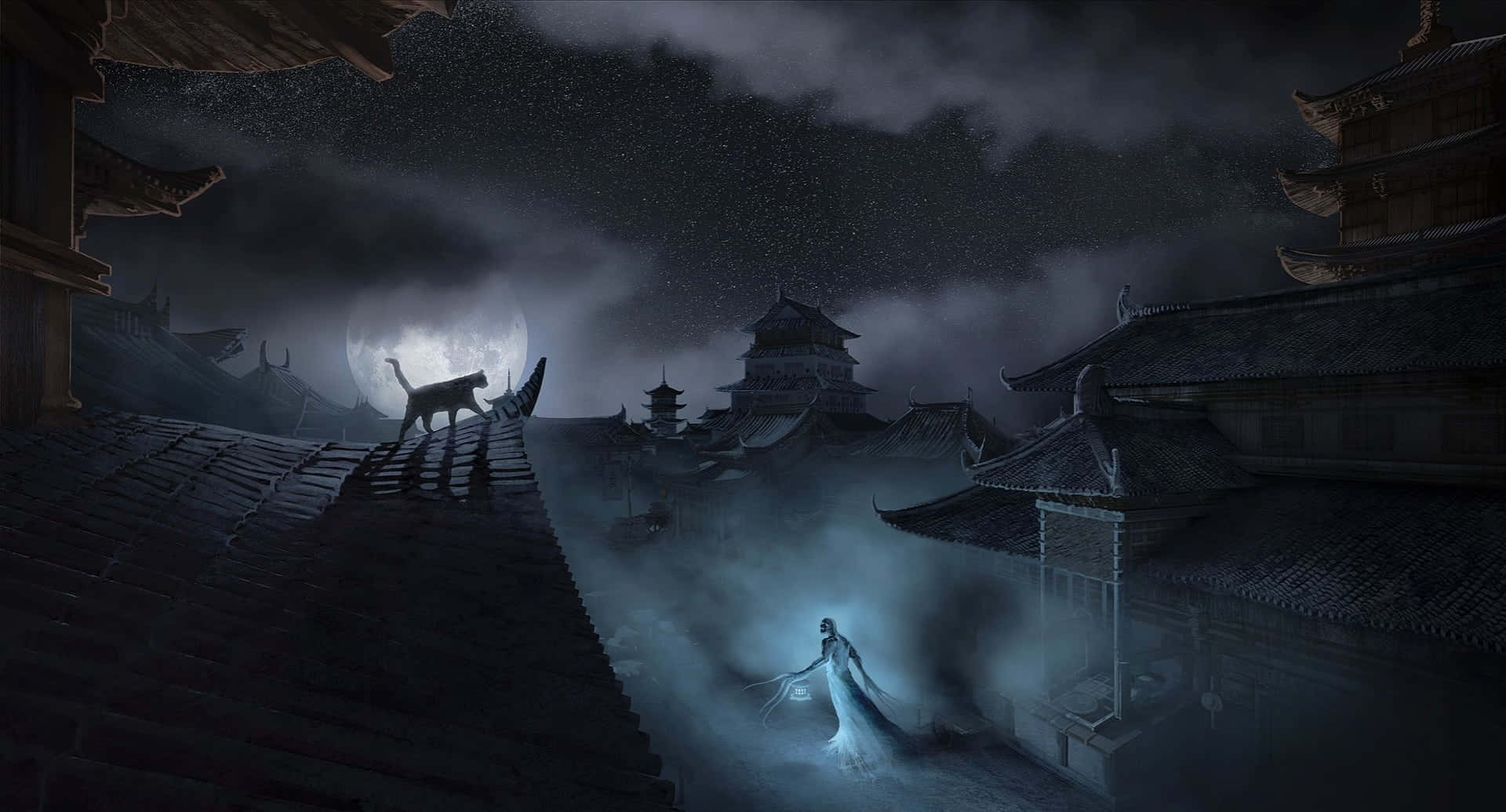Dark Spirit, full moon, mist, Full HD Desktop Wallpaper