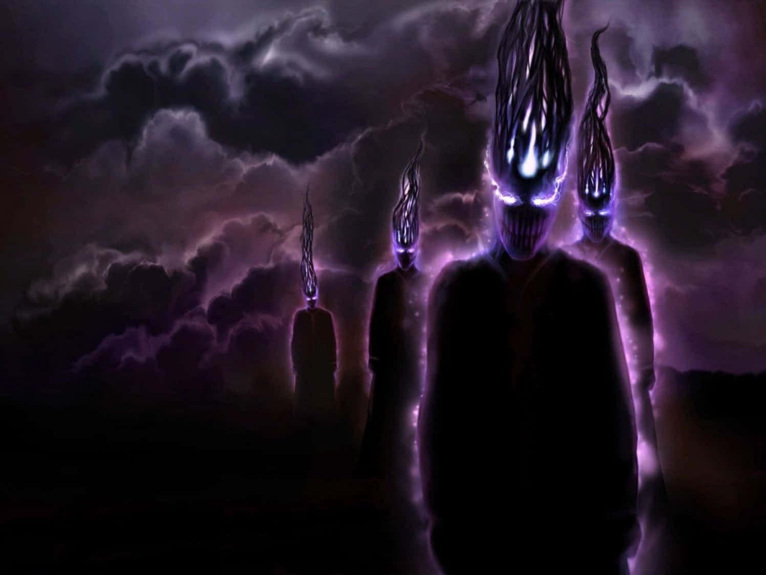 Dark Spirit, glowing purple flame heads, stormy purple sky, HD Desktop Wallpaper