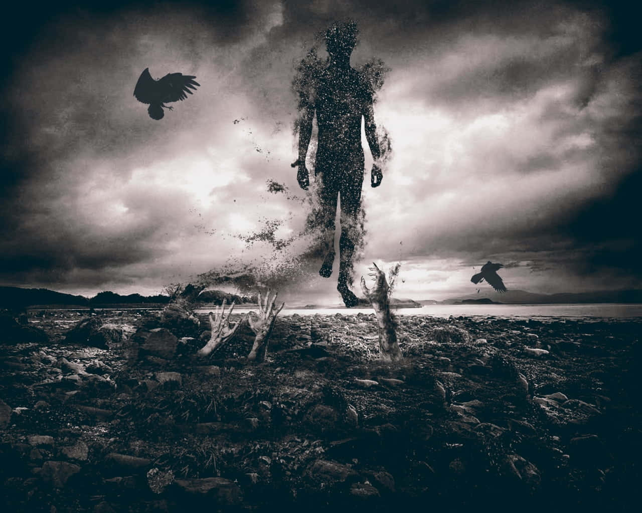 Dark Spirit, desolate rocky shore, stormy sky, HD Desktop Wallpaper