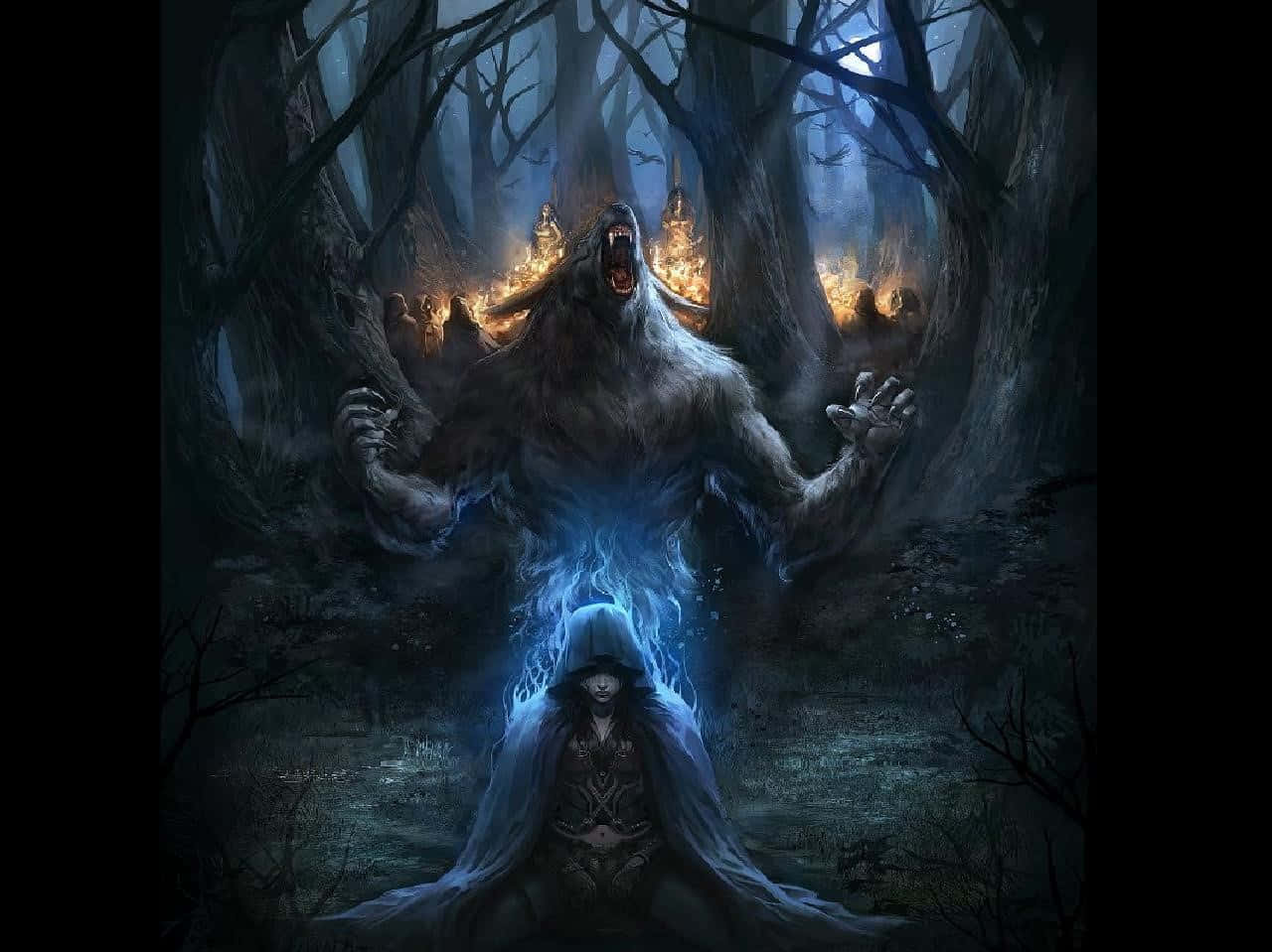 Dark Spirit, hooded figure, towering werewolf, HD Desktop Wallpaper