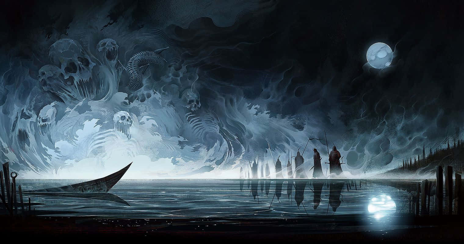 Dark Spirit, misty shore, ghostly skulls, HD Desktop Wallpaper