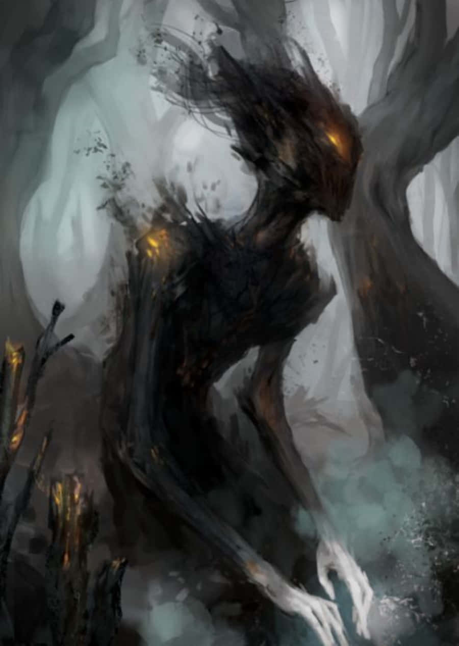 Dark Spirit, glowing orange eyes, misty eerie forest, SD Phone Wallpaper