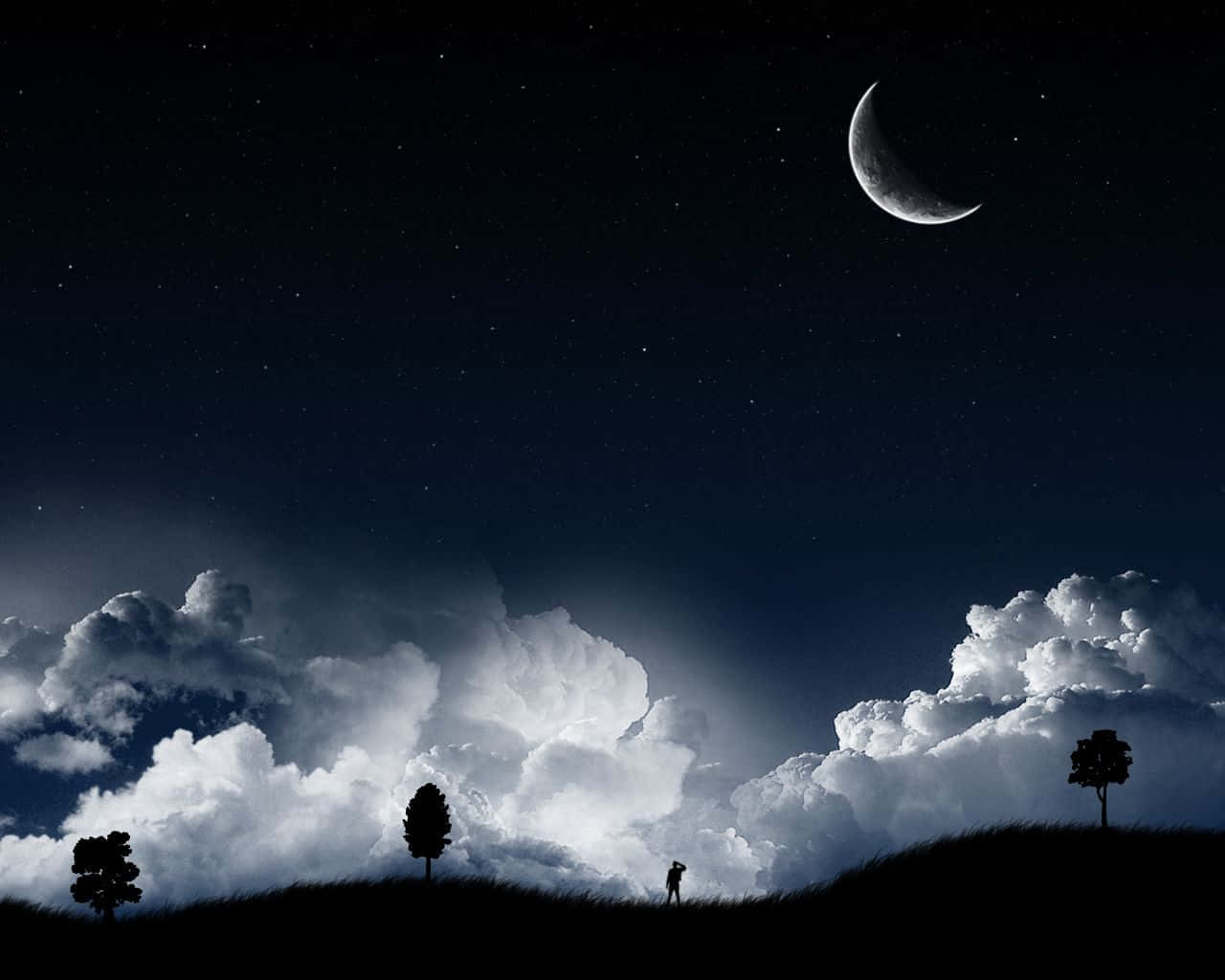 Dark Starry Night, starry night sky, crescent moon, HD Desktop Wallpaper