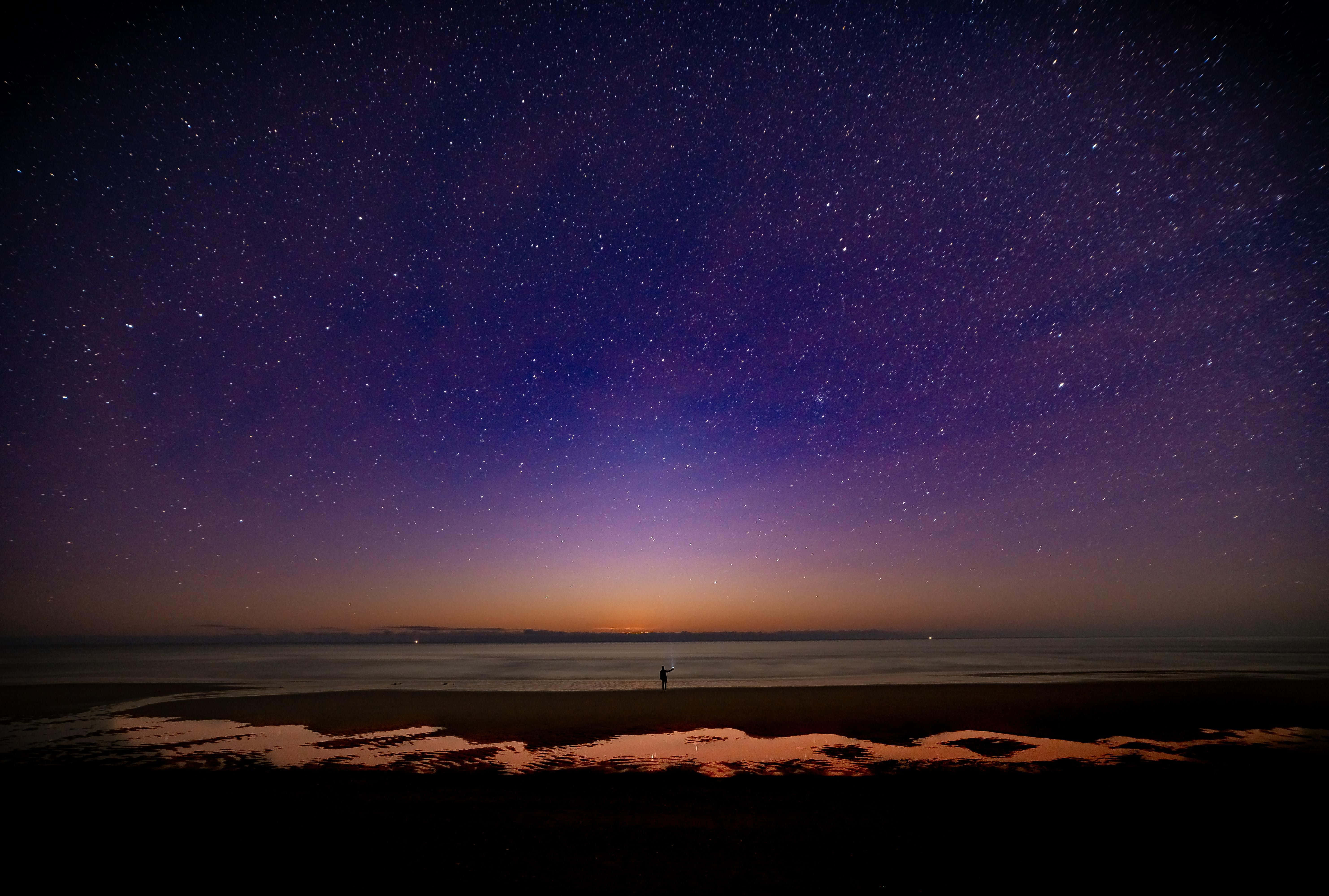 Dark Starry Night, vibrant purple and orange starry sky, dark beach, 5K Desktop Wallpaper