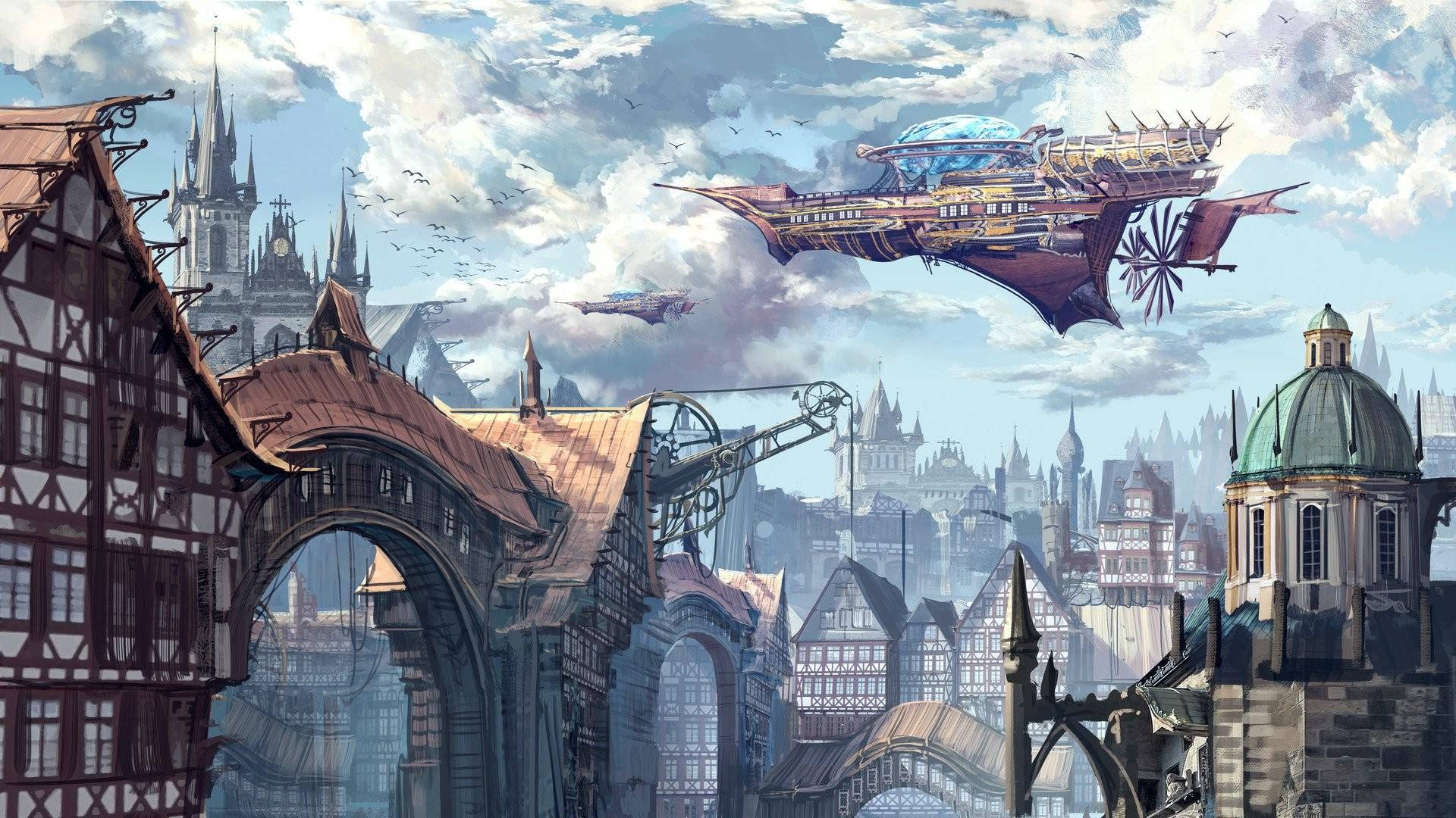 steampunk city, ornate buildings, flying airships, Full HD Desktop Wallpaper