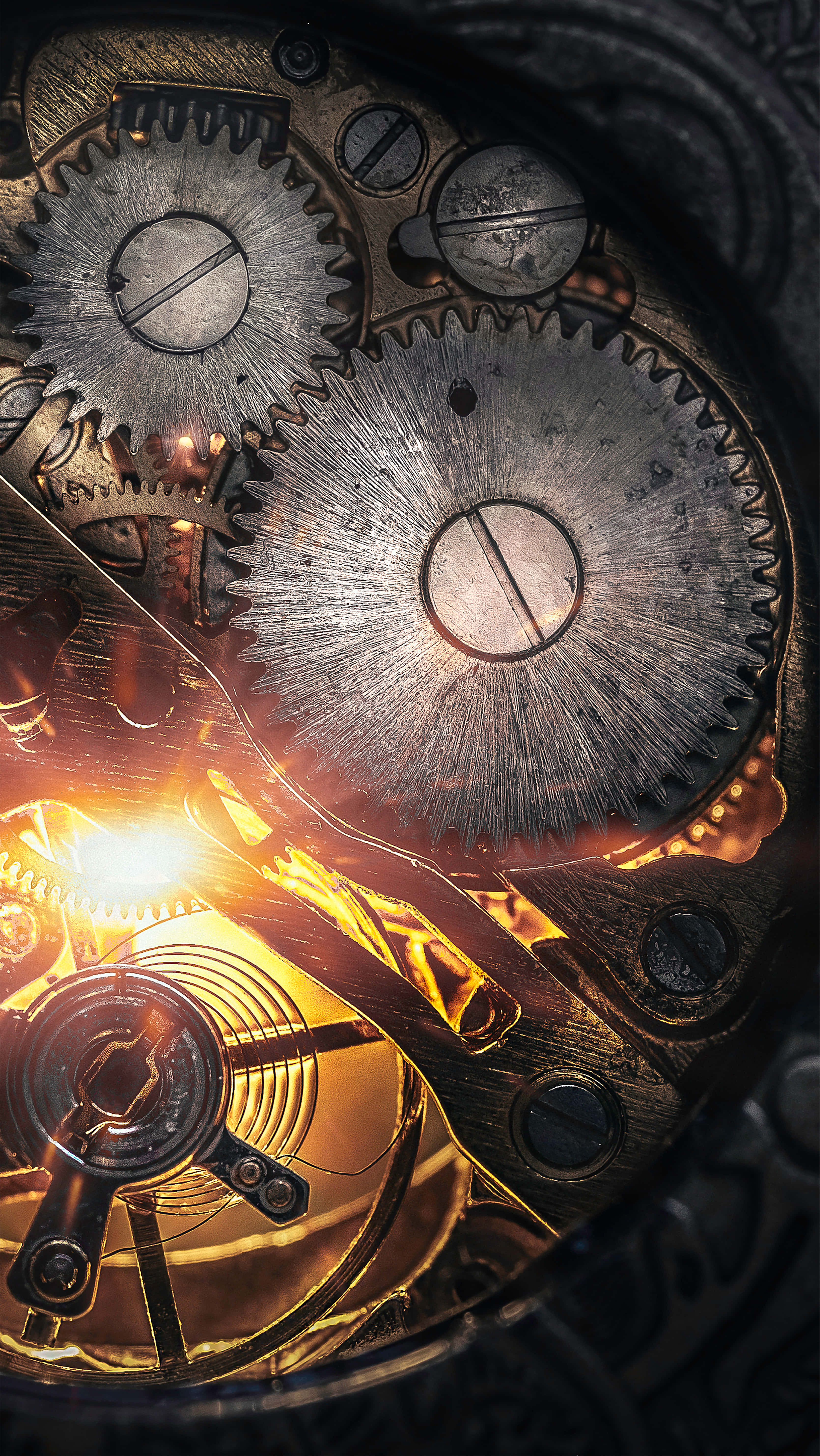 Dark Steampunk, brass and steel gears, mechanical engine, 5K Phone Wallpaper