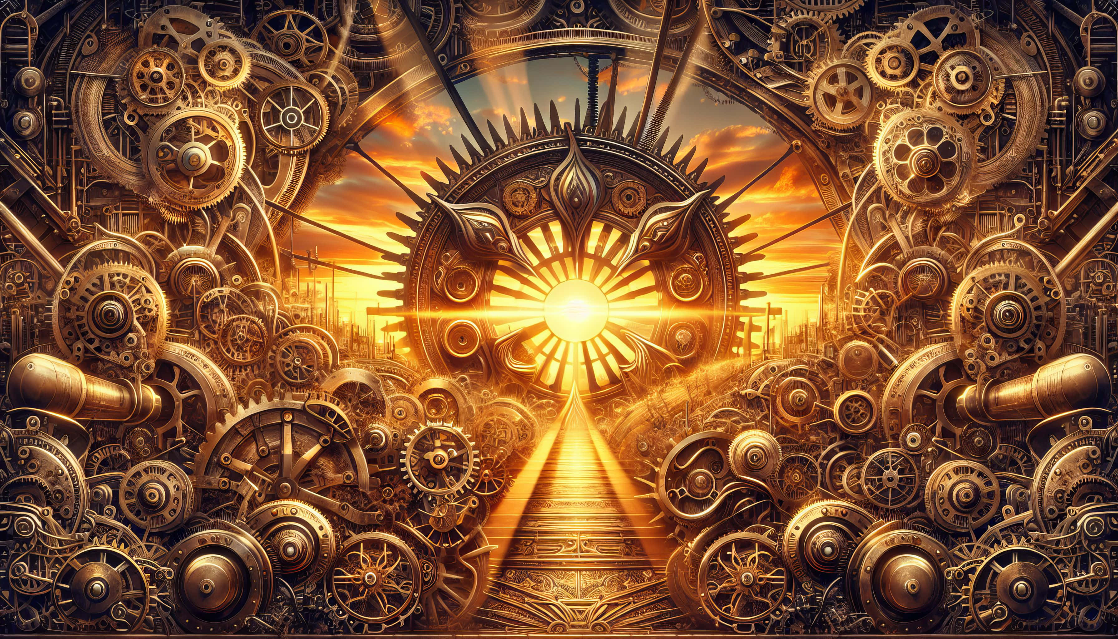 steampunk, brass gears, pistons, 2K Desktop Wallpaper