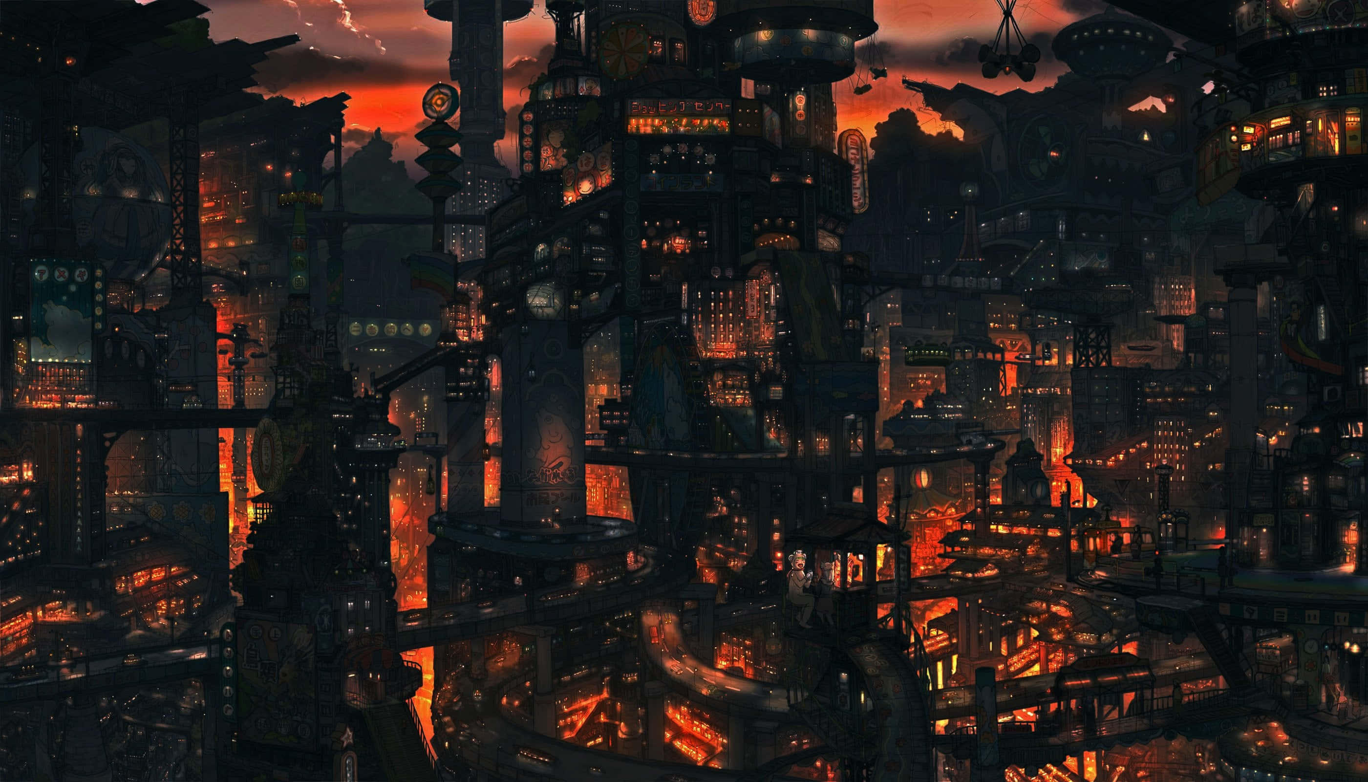Dark Steampunk, dusk, neon-lit skyscrapers, 2K Desktop Wallpaper