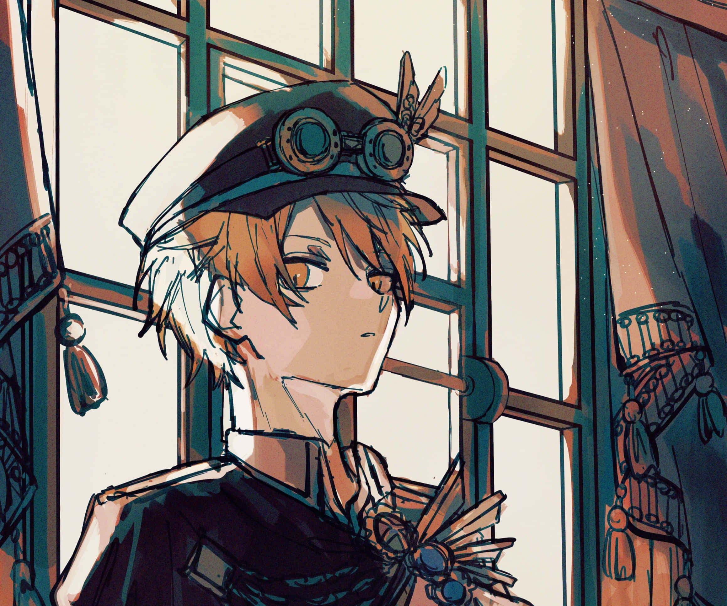 steampunk hat, goggles, ornate curtains, Full HD Desktop Wallpaper