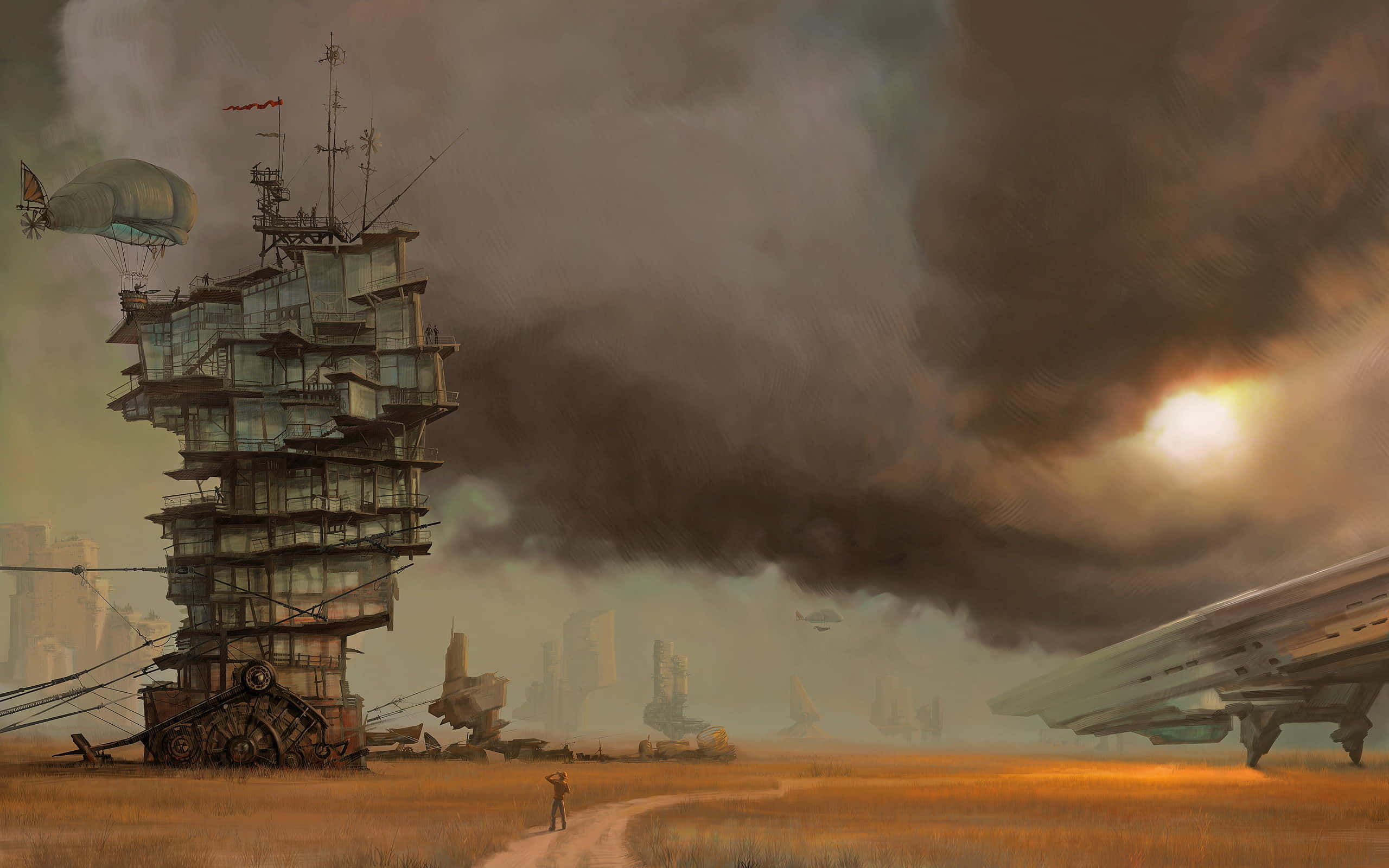 Dark Steampunk, clock tower, gears, 2K Desktop Wallpaper
