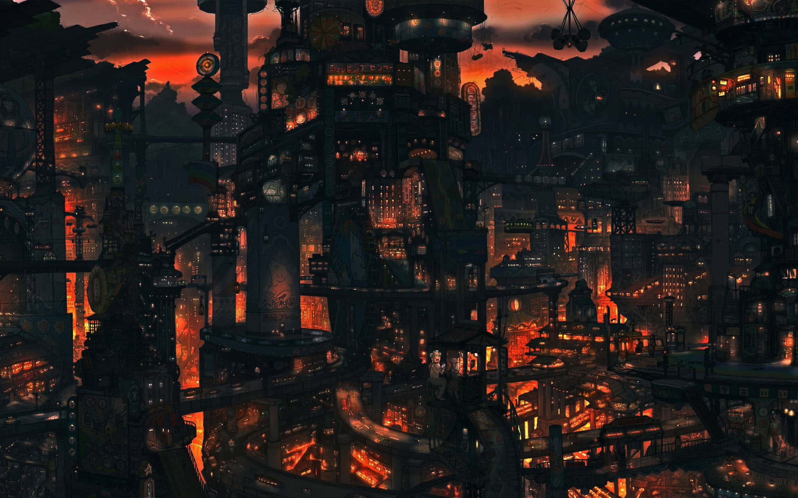 Dark Steampunk, dusk, towering structures, 2K Desktop Wallpaper
