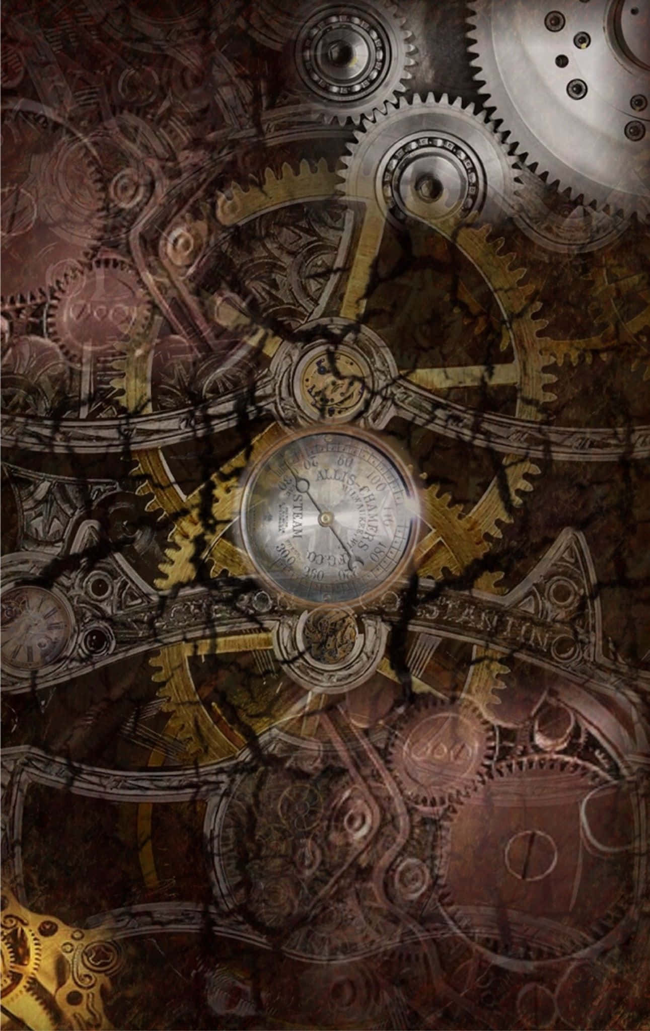 Dark Steampunk, brass and copper gears, central compass, Full HD Phone Wallpaper