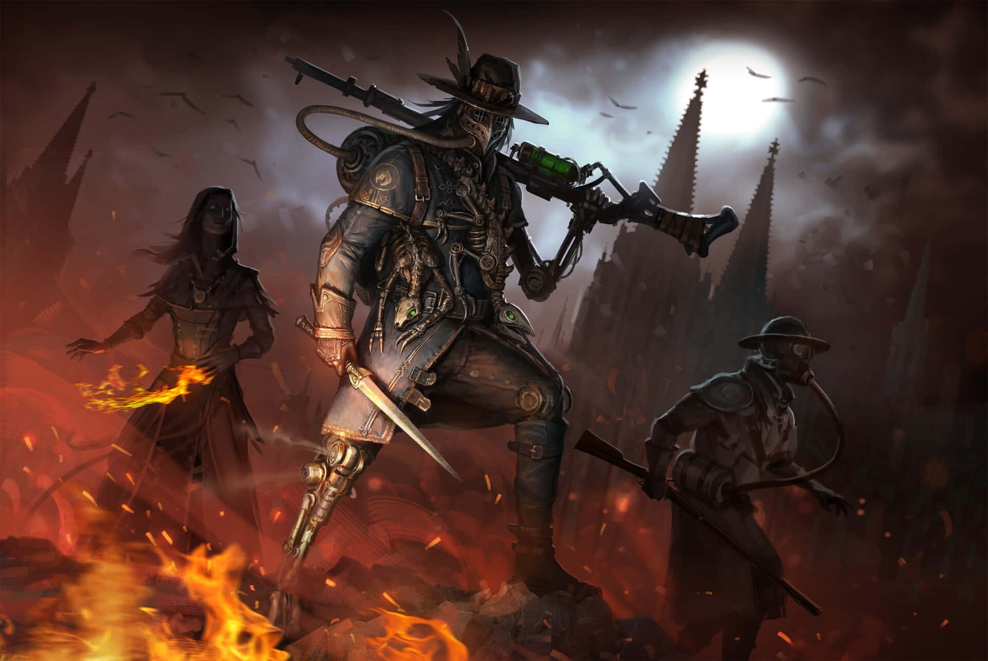 Dark Steampunk, mechanical limbs, fiery ruins, Full HD Desktop Wallpaper