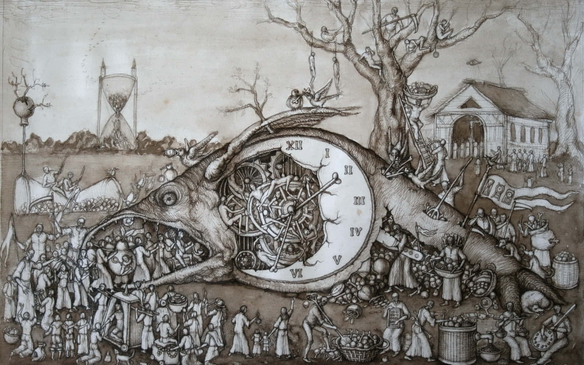 Dark Steampunk, 1920 x 1200, monochrome illustration, Full HD Desktop Wallpaper