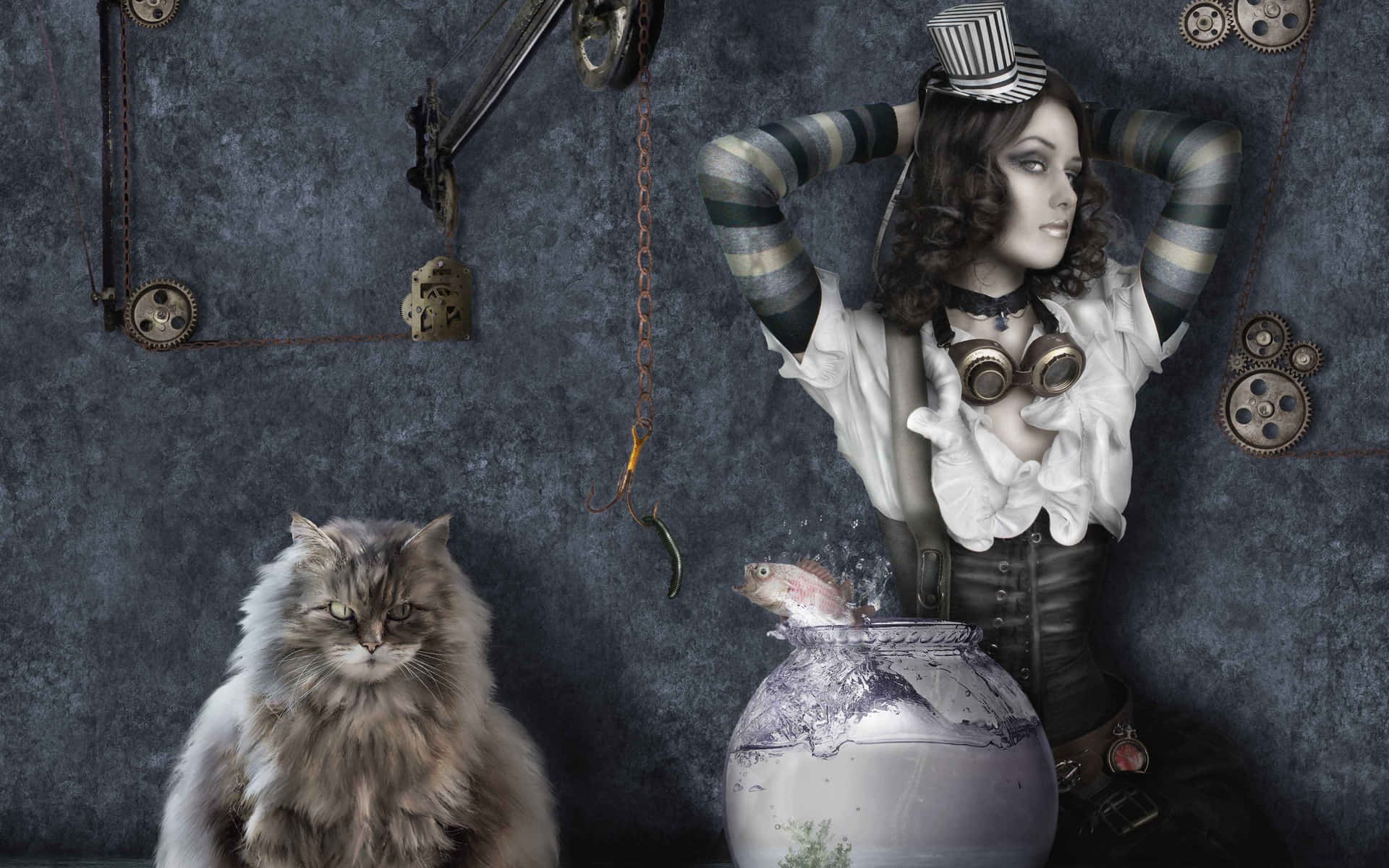 Dark Steampunk, steampunk woman, striped sleeves, Full HD Desktop Wallpaper