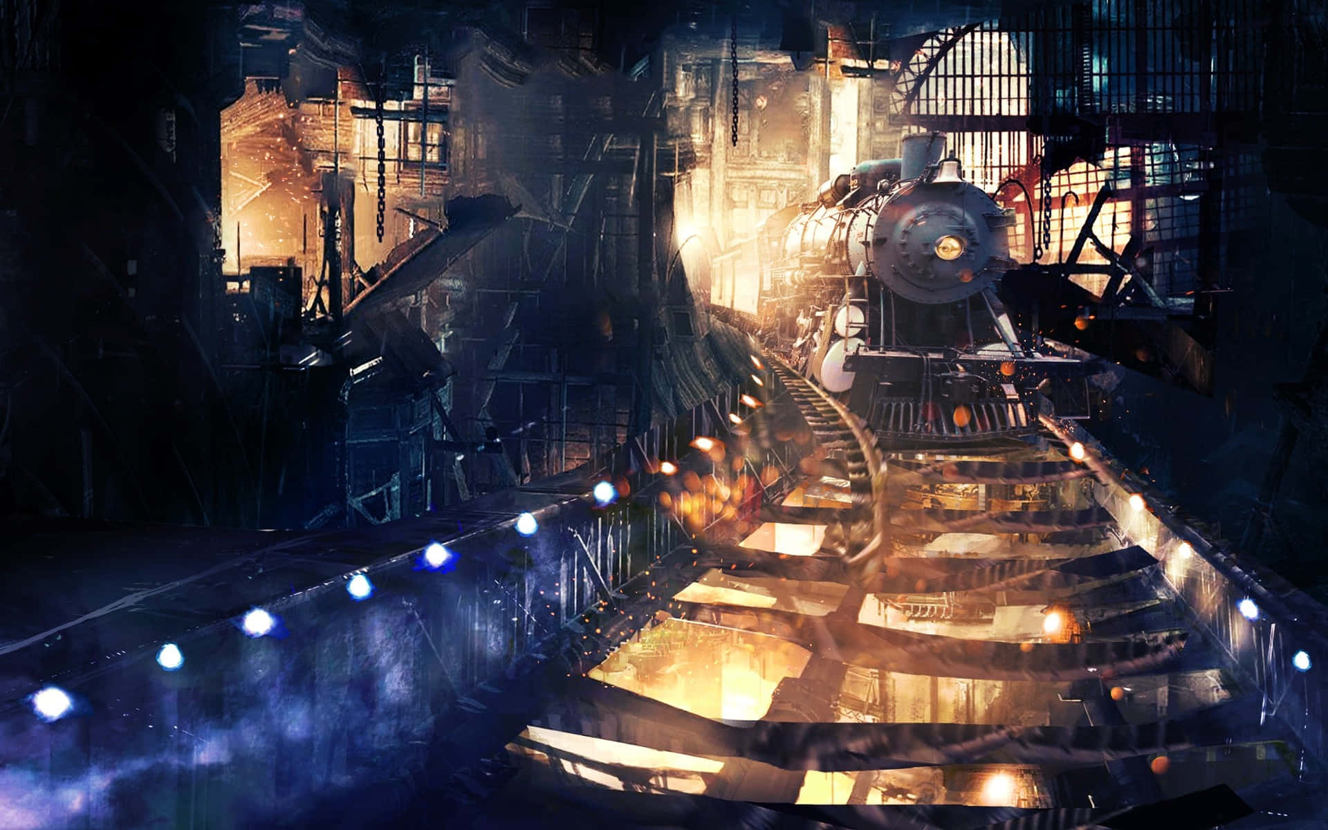 dark steampunk, steam locomotive, industrial station, Full HD Desktop Wallpaper