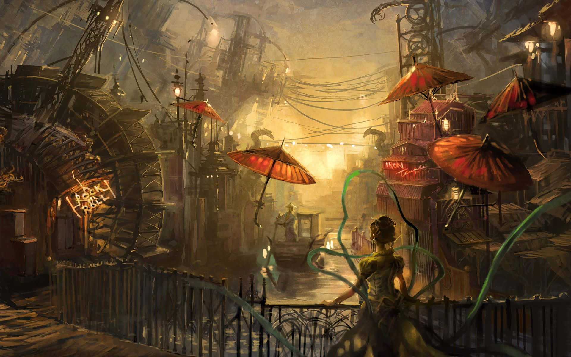 Dark Steampunk, 1920 x 1200, glowing red umbrellas, Full HD Desktop Wallpaper