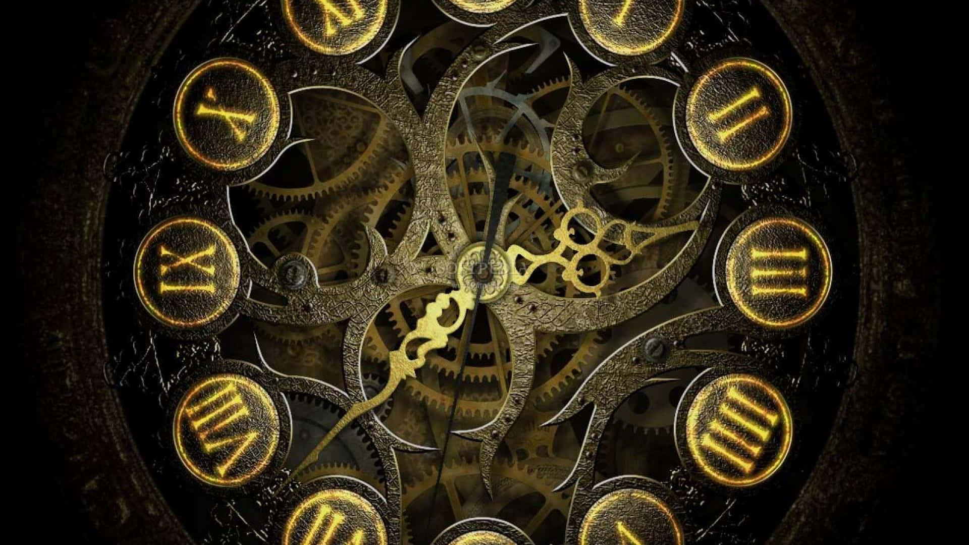 Dark Steampunk, steampunk clock, golden roman numerals, Full HD Desktop Wallpaper
