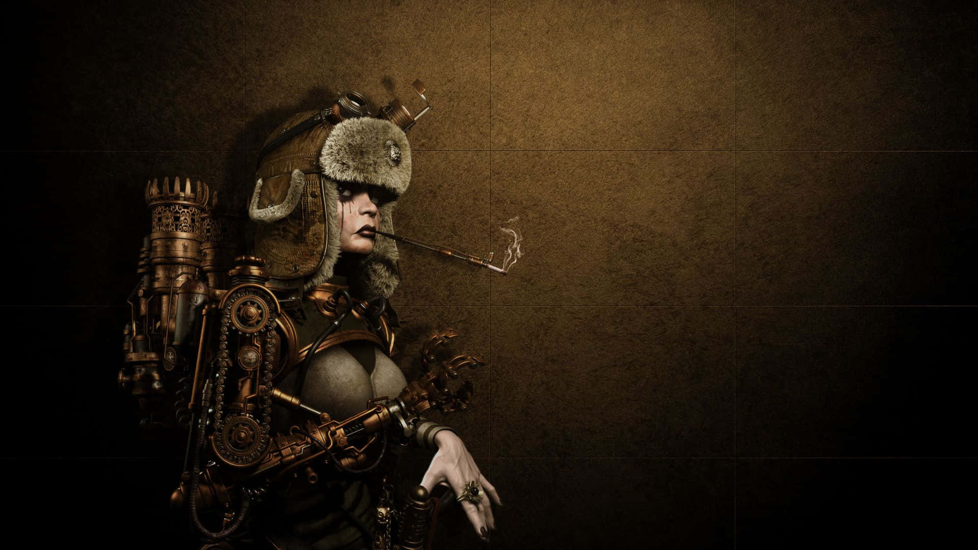 Dark Steampunk, steampunk woman, ornate brass gear, Full HD Desktop Wallpaper