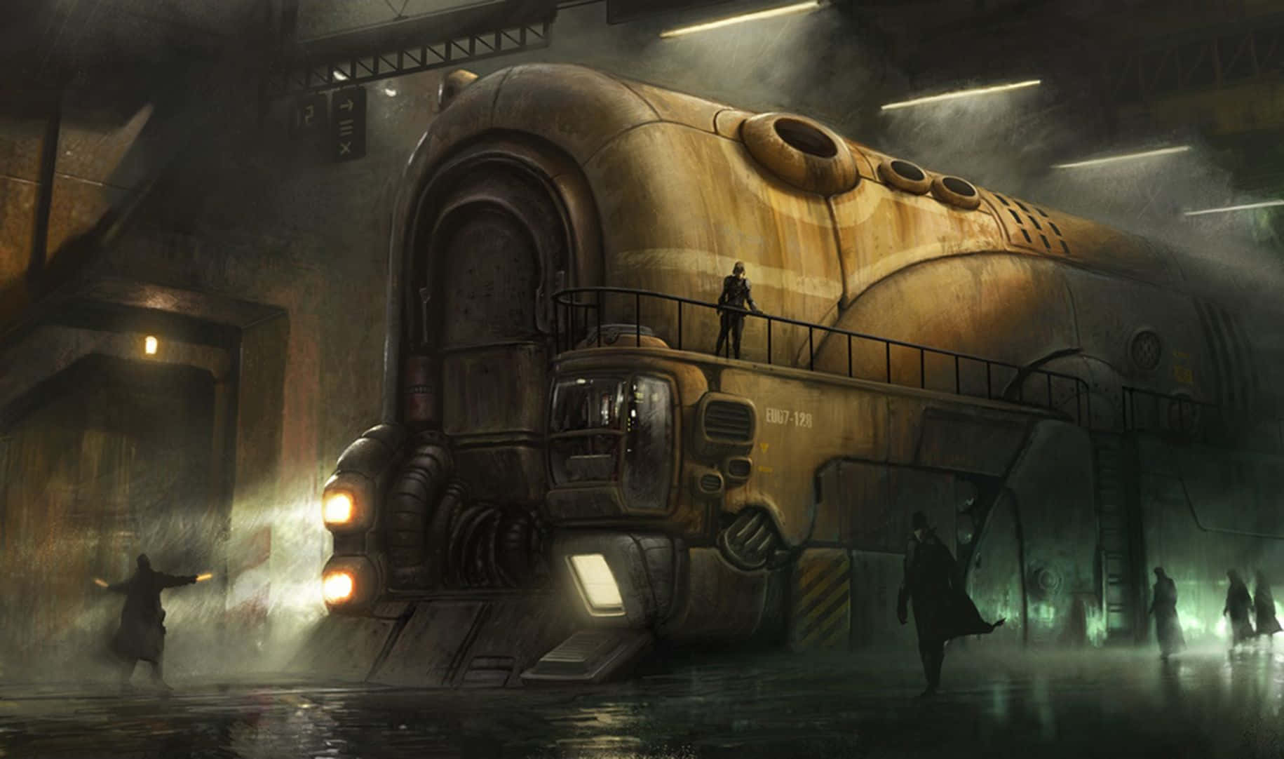 Dark Steampunk, rusty steam locomotive, dim industrial hangar, HD Desktop Wallpaper