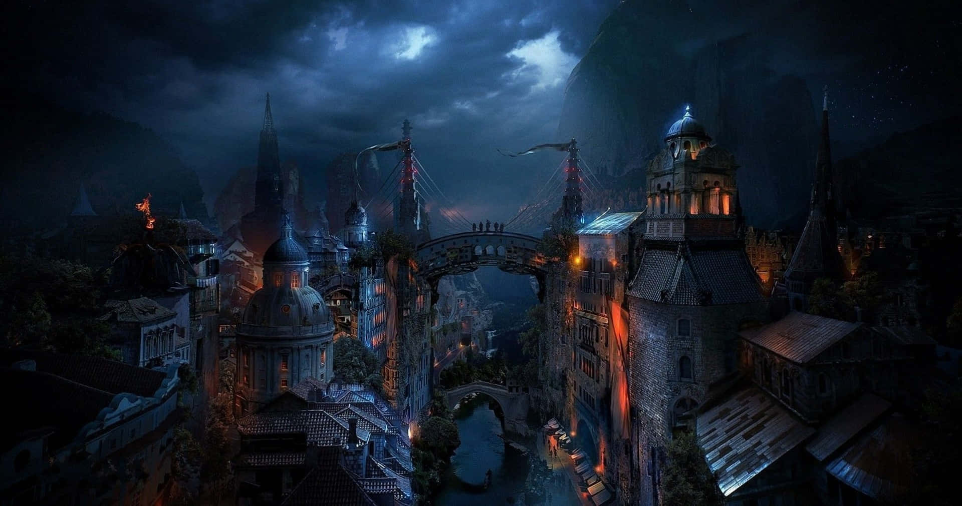 Dark Steampunk, night, glowing windows, Full HD Desktop Wallpaper