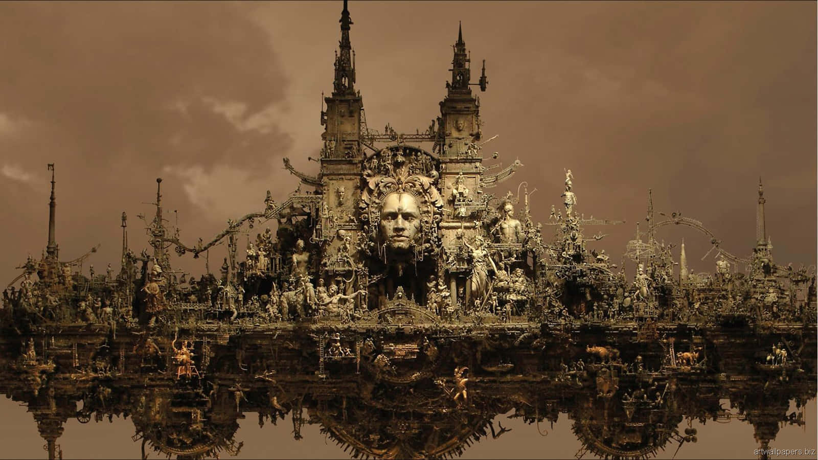 Dark Steampunk, sepia-toned, floating gothic cathedral, HD Desktop Wallpaper