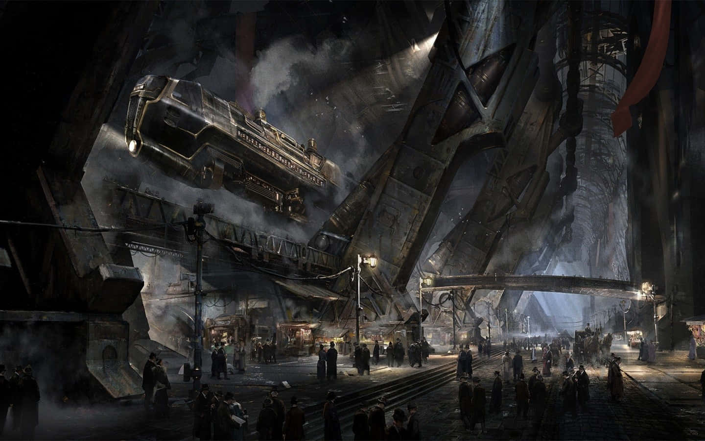 Dark Steampunk, steam train, industrial city street, HD Desktop Wallpaper
