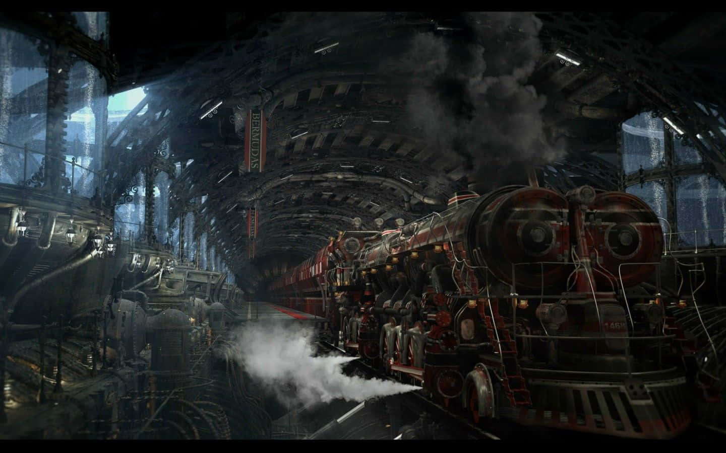 Dark Steampunk, red steam locomotive, dimly lit industrial train station, HD Desktop Wallpaper