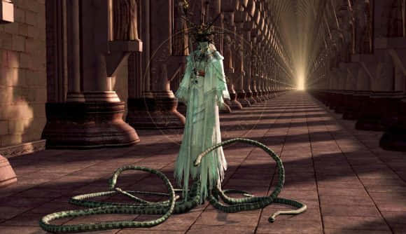 Dark Sun Gwyndolin, green robe, stone cathedral aisle, SD Desktop Wallpaper