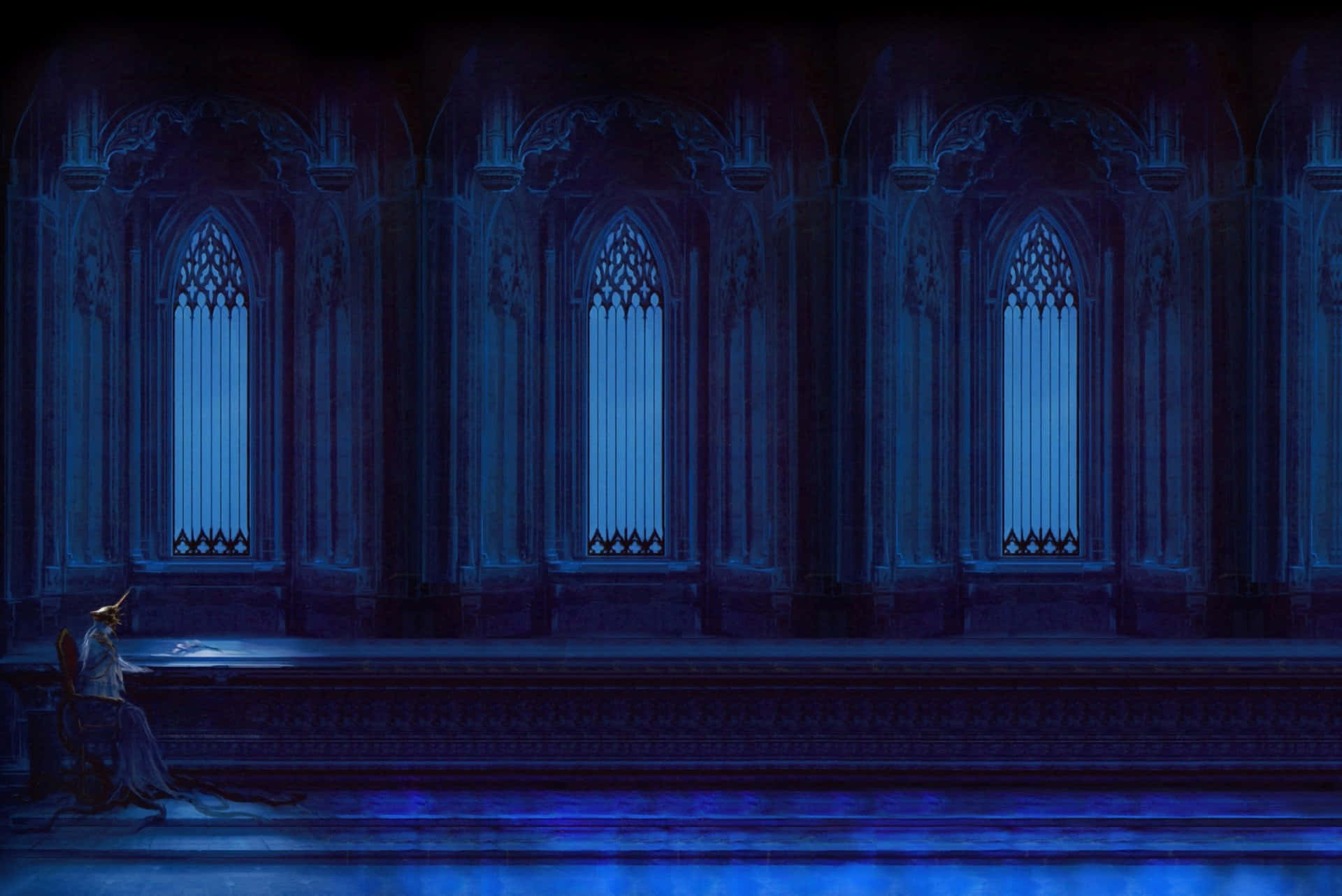 Dark Sun Gwyndolin, dim blue Gothic cathedral, tall arched windows, Full HD Desktop Wallpaper