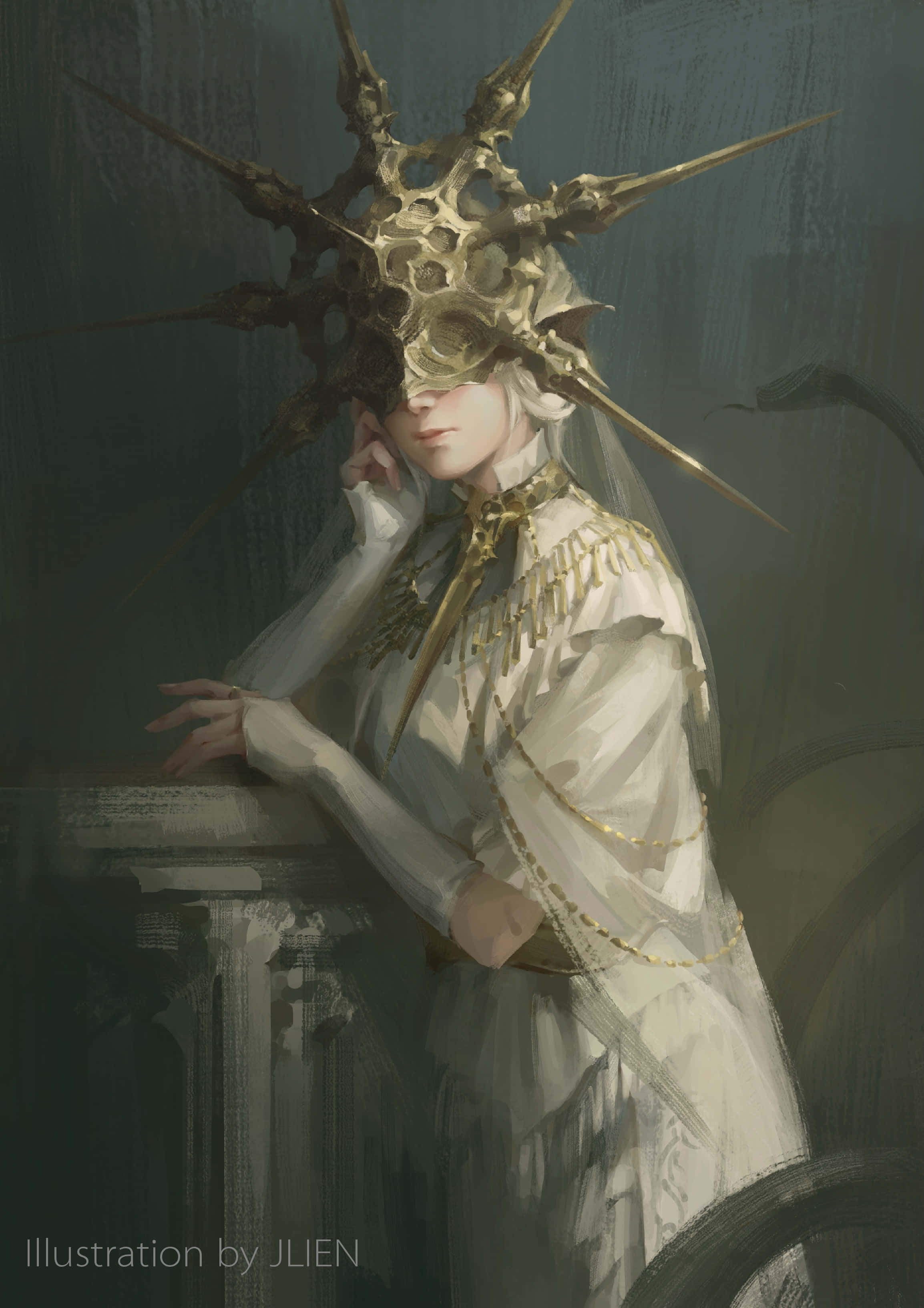 Dark Sun Gwyndolin, white gown, ornate golden spiked crown, 2K Phone Wallpaper
