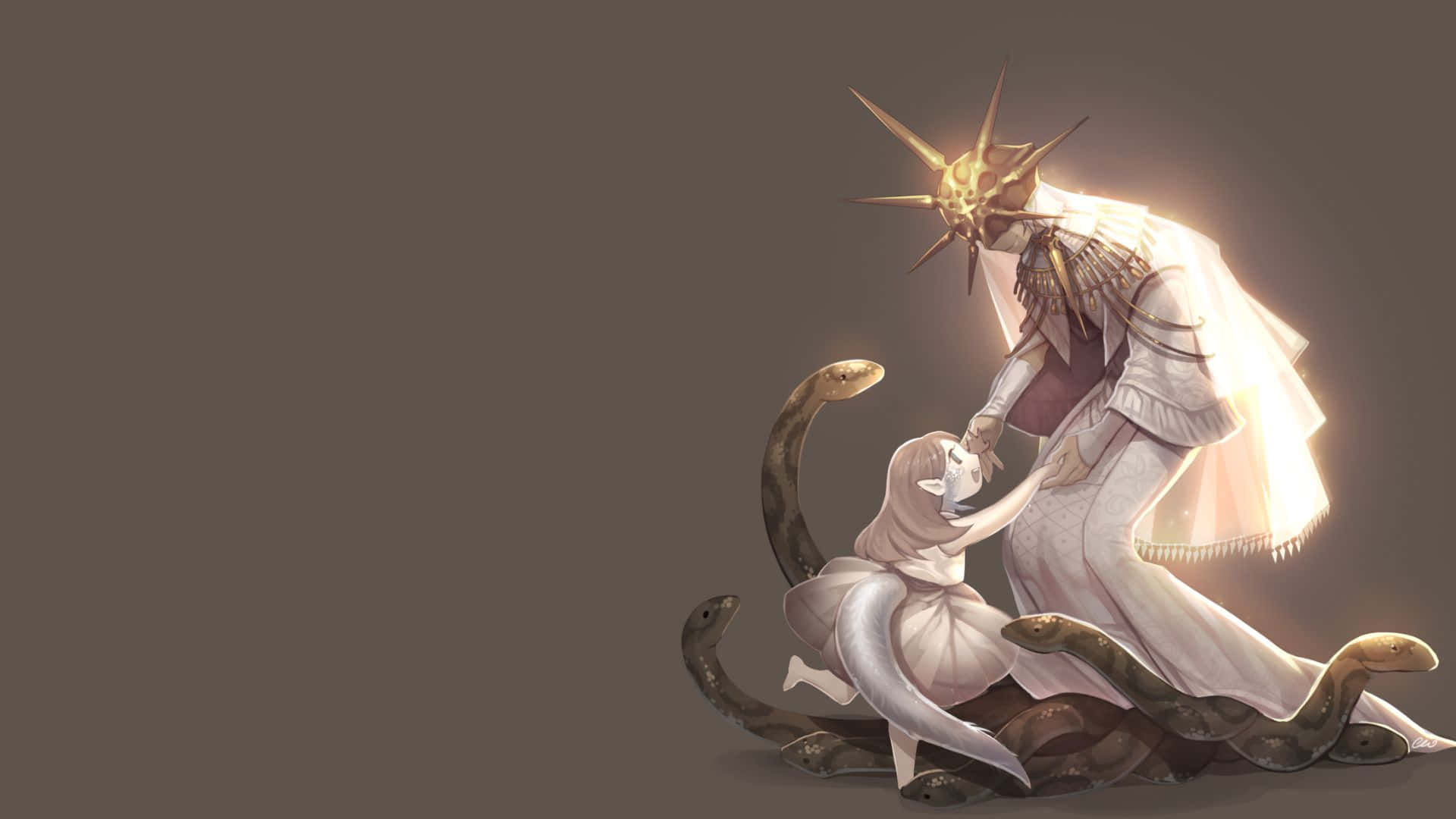 Dark Sun Gwyndolin, spiked crown, serpentine creatures, Full HD Desktop Wallpaper