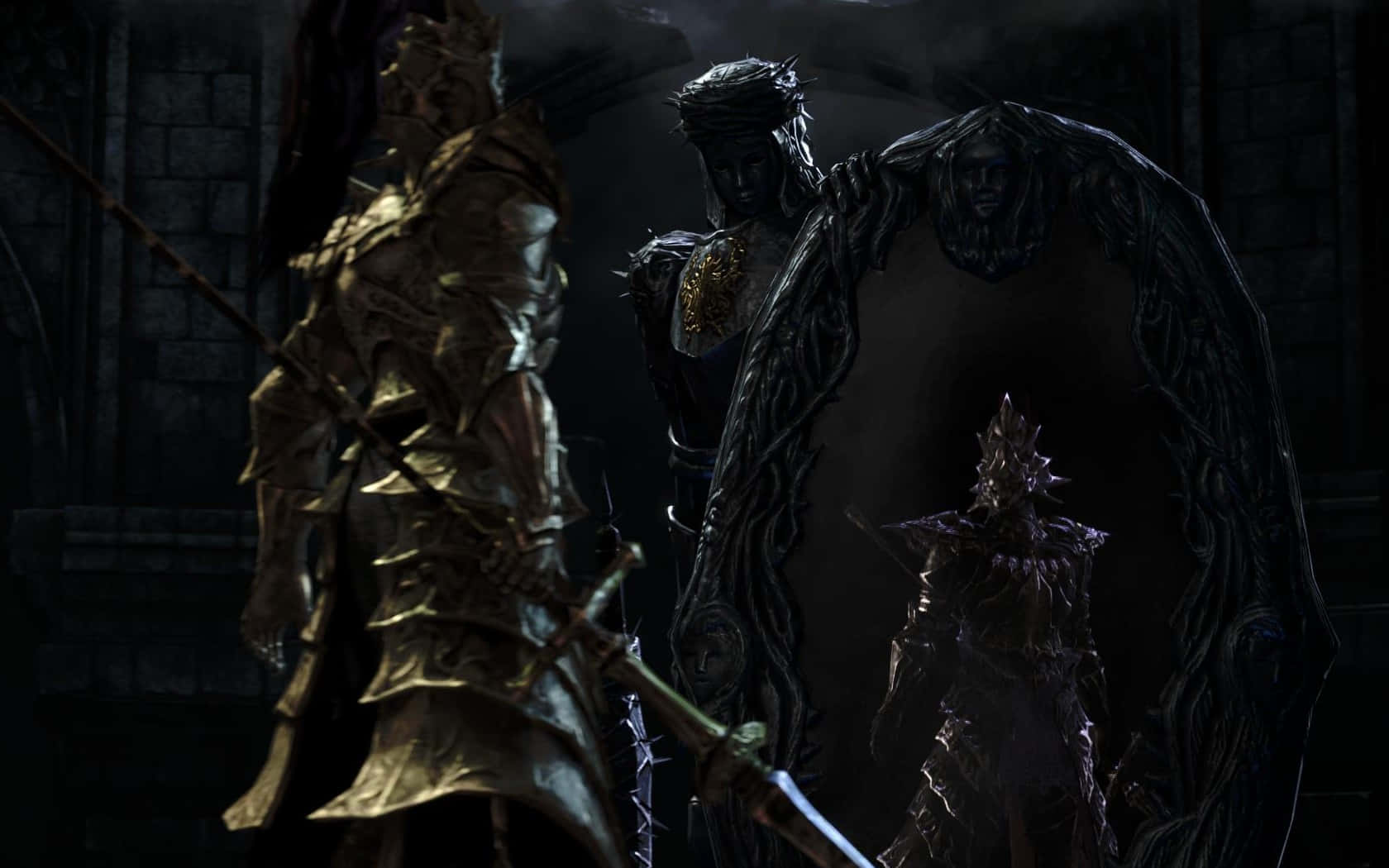 Dark Sun Gwyndolin, gleaming gold armor, dim stone chamber, HD Desktop Wallpaper