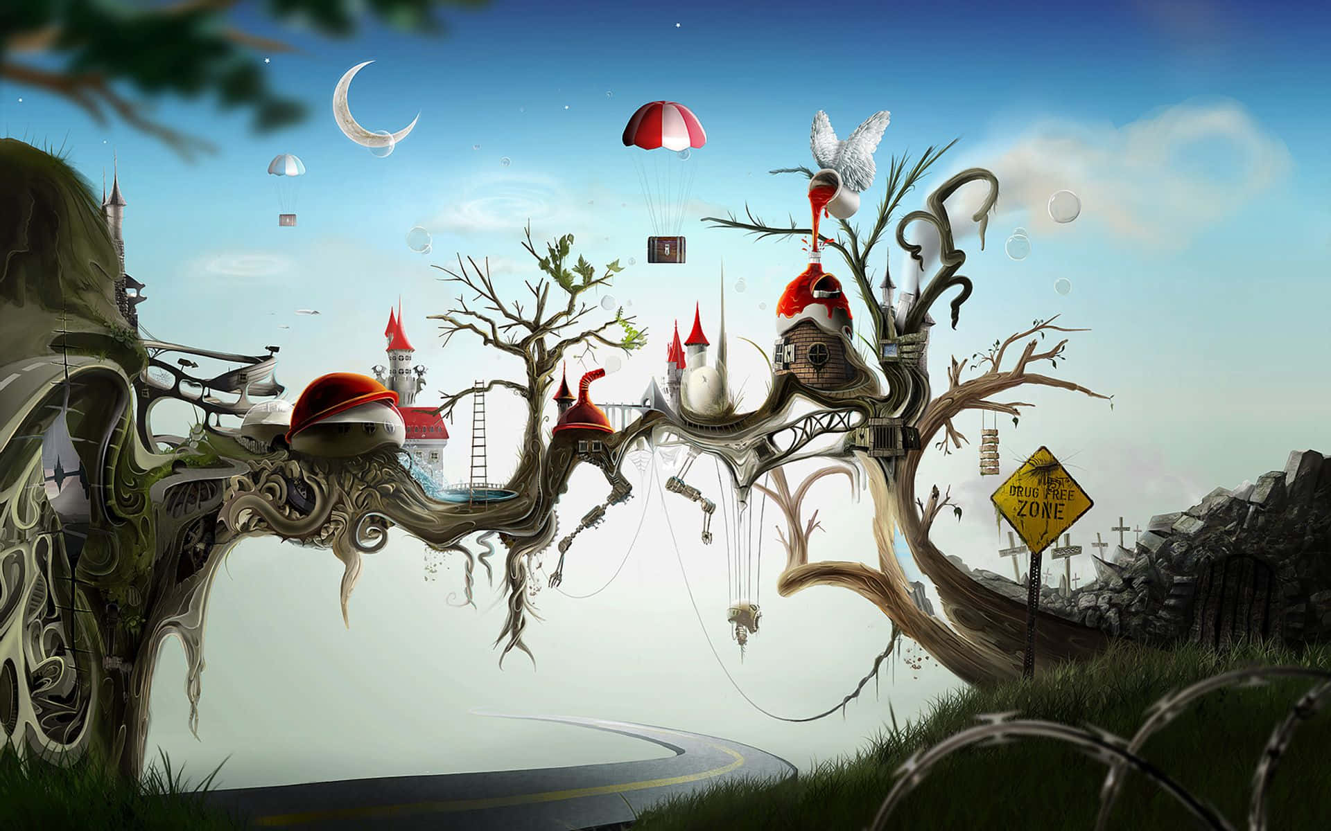 Dark Surrealism, crescent moon, twisted trees, Full HD Desktop Wallpaper
