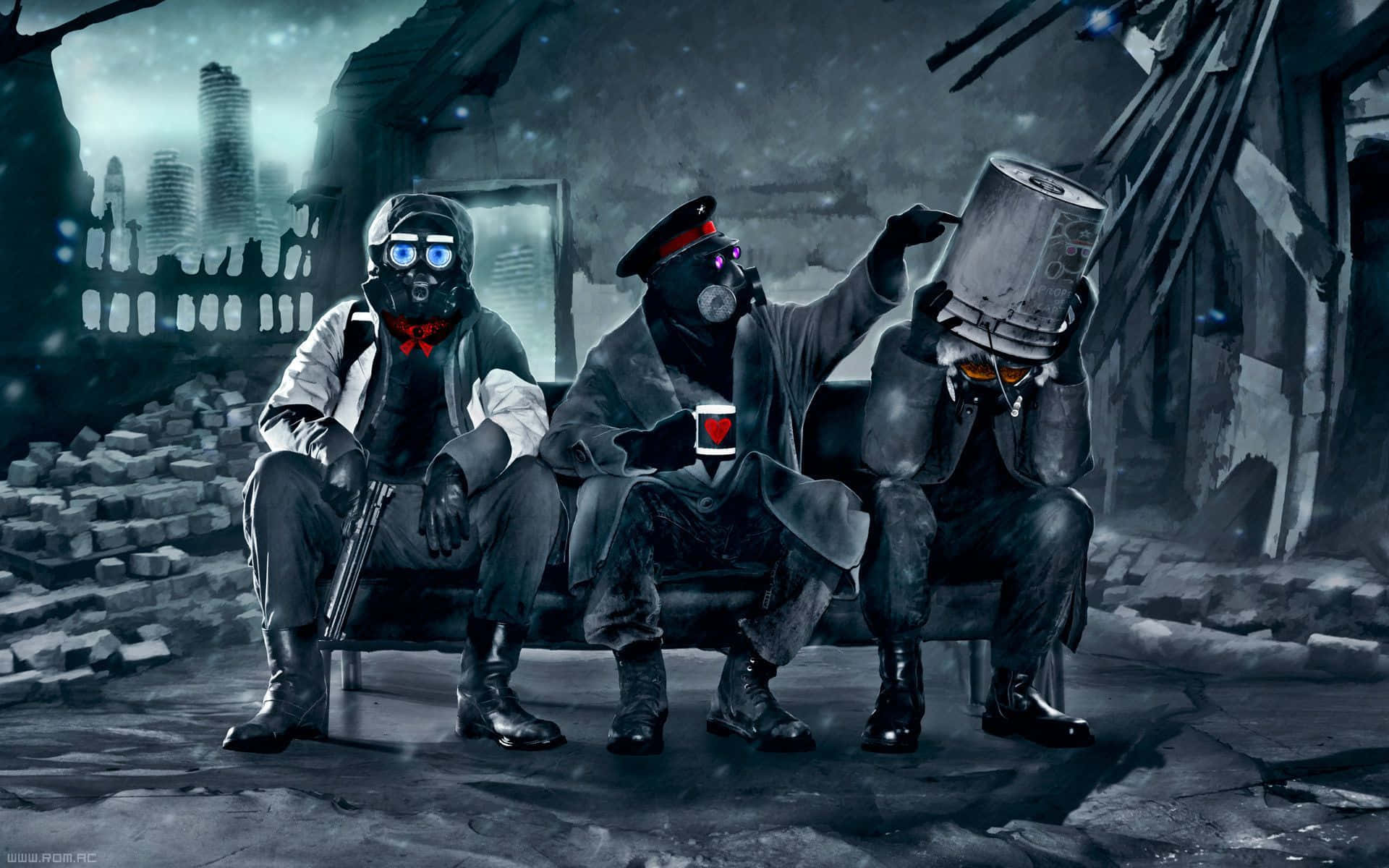 Dark Surrealism, gas masks, bench, Full HD Desktop Wallpaper