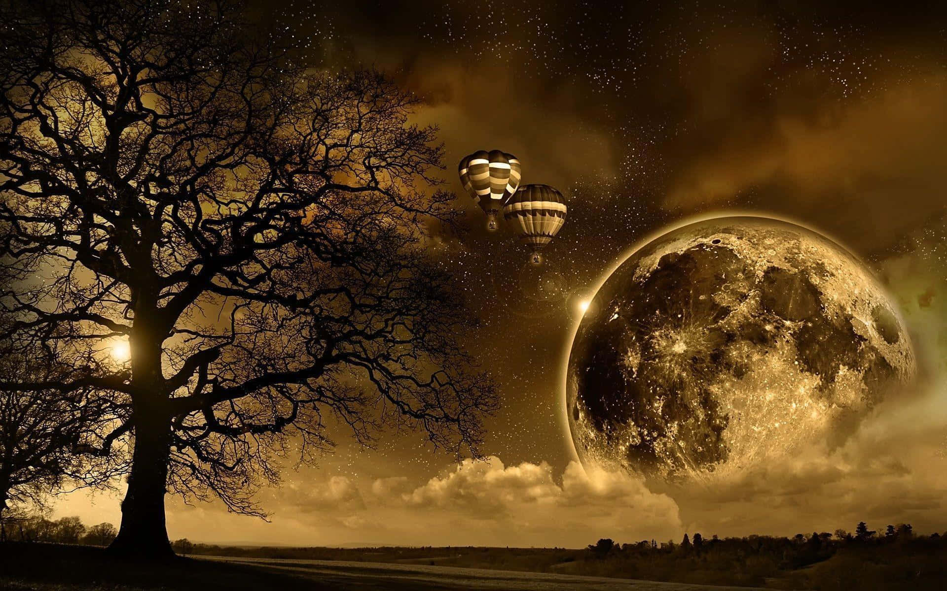 Dark Surrealism, surreal night sky, glowing hot air balloons, Full HD Desktop Wallpaper
