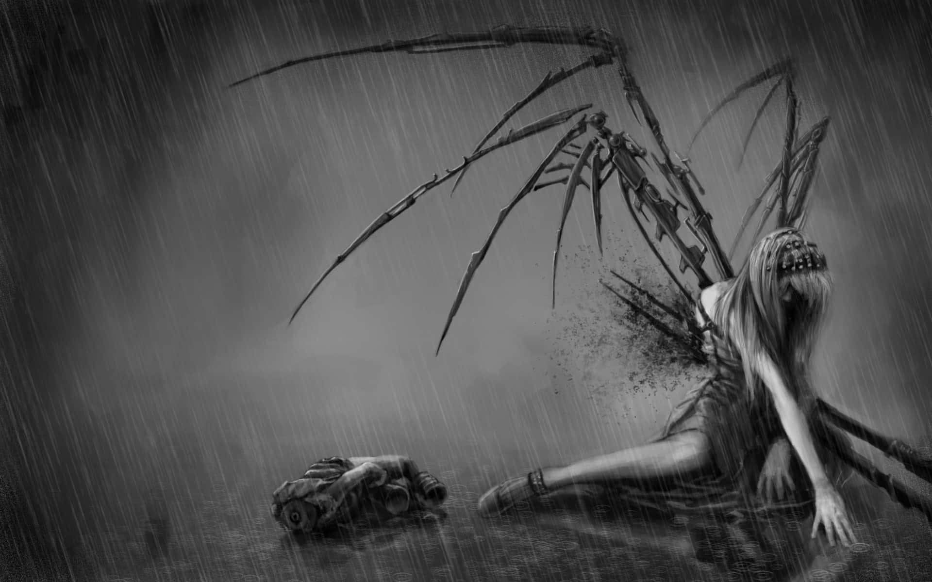 skeletal-winged figure, rain, broken car, Full HD Desktop Wallpaper