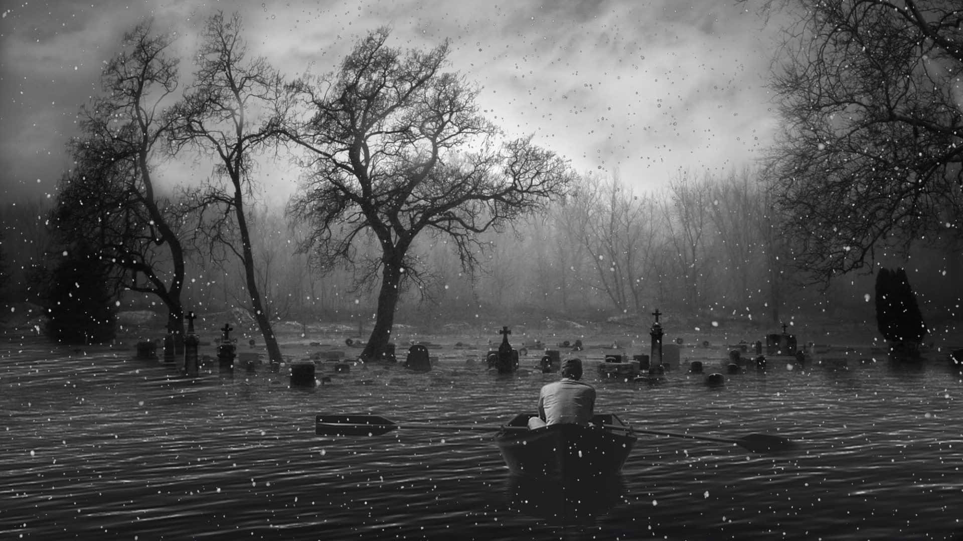 Dark Surrealism, flooded cemetery, snowy sky, Full HD Desktop Wallpaper
