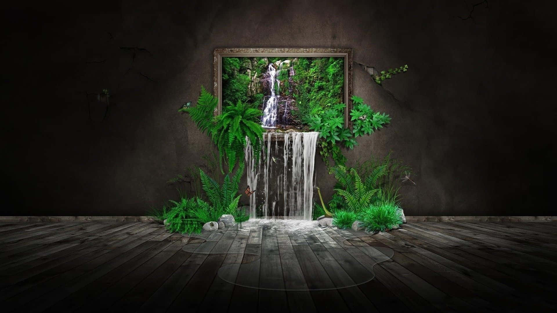 jungle waterfall, dark wall, wooden room, Full HD Desktop Wallpaper