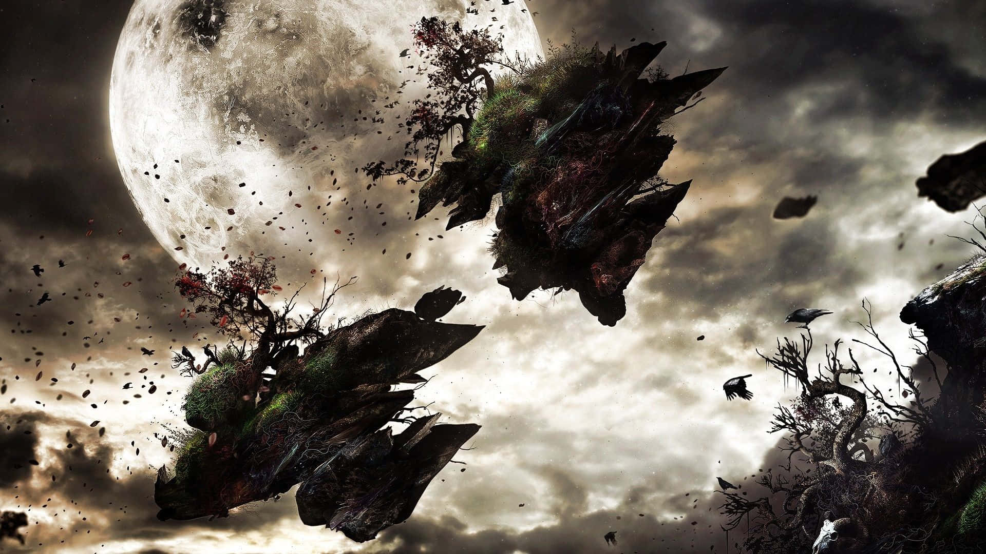 Dark Surrealism, stormy sky, massive moon, Full HD Desktop Wallpaper