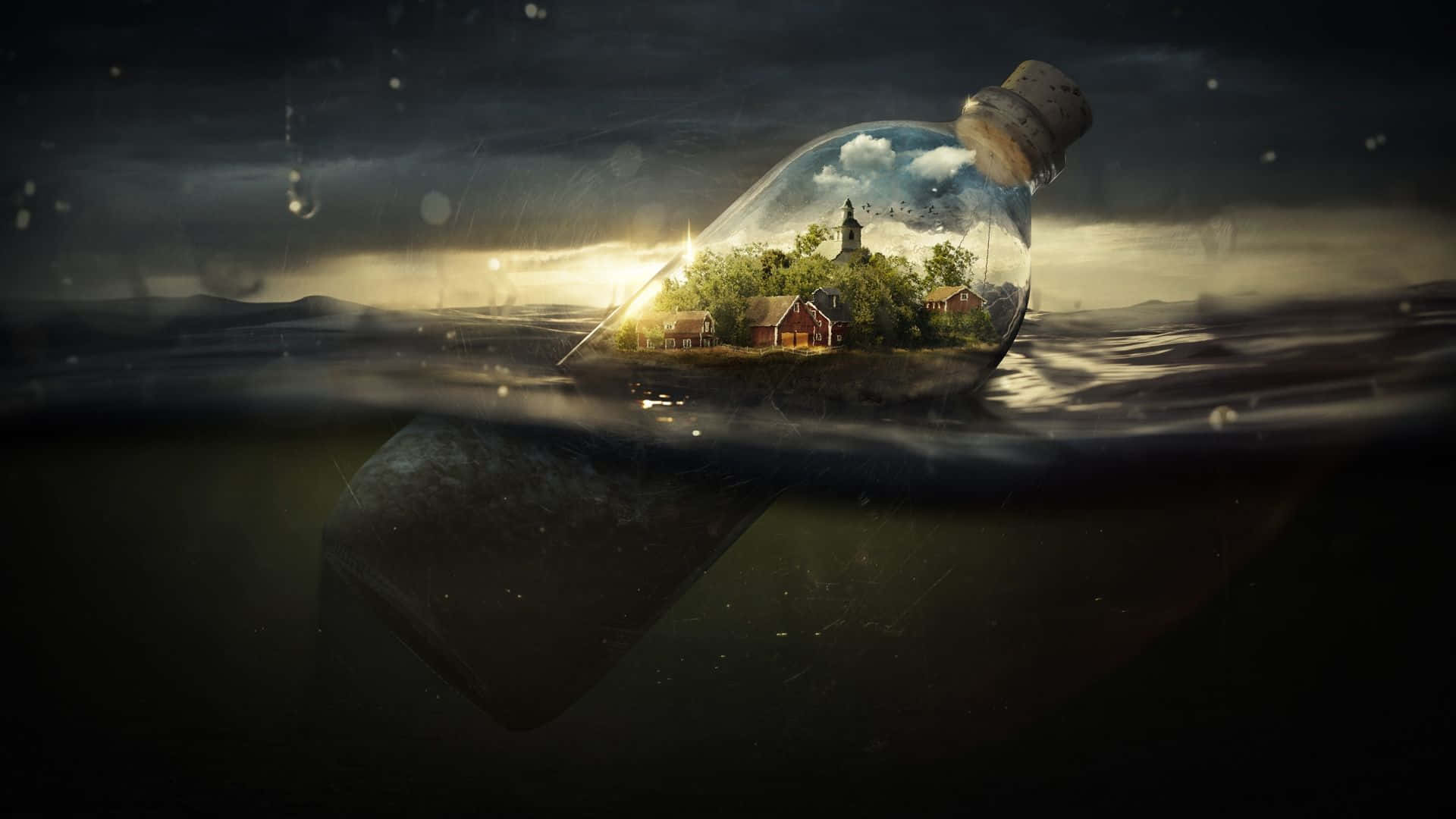 Dark Melancholy, glass bottle, glowing miniature village, Full HD Desktop Wallpaper