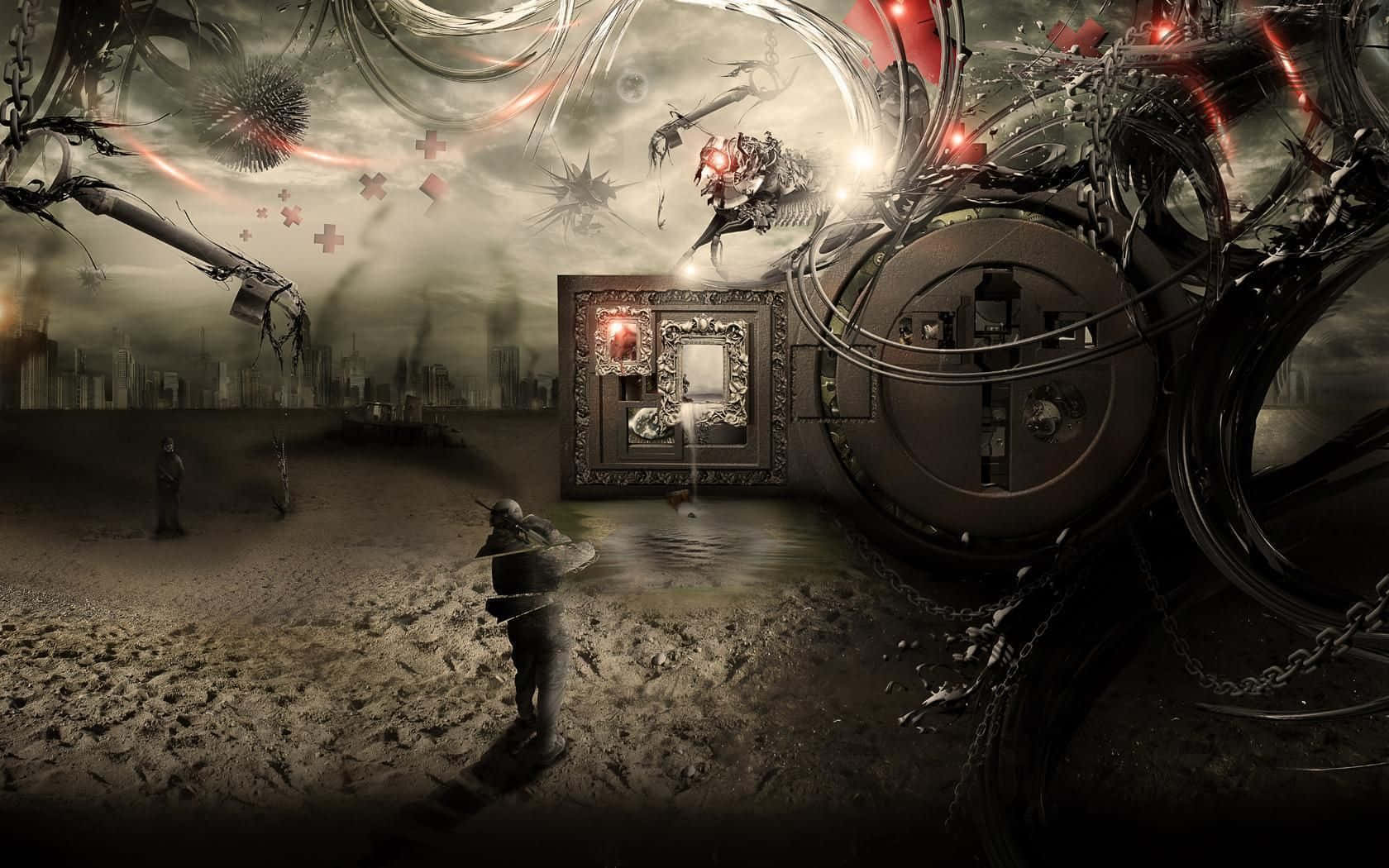 Dark Surrealism, broken ornate door, desolate wasteland, HD Desktop Wallpaper