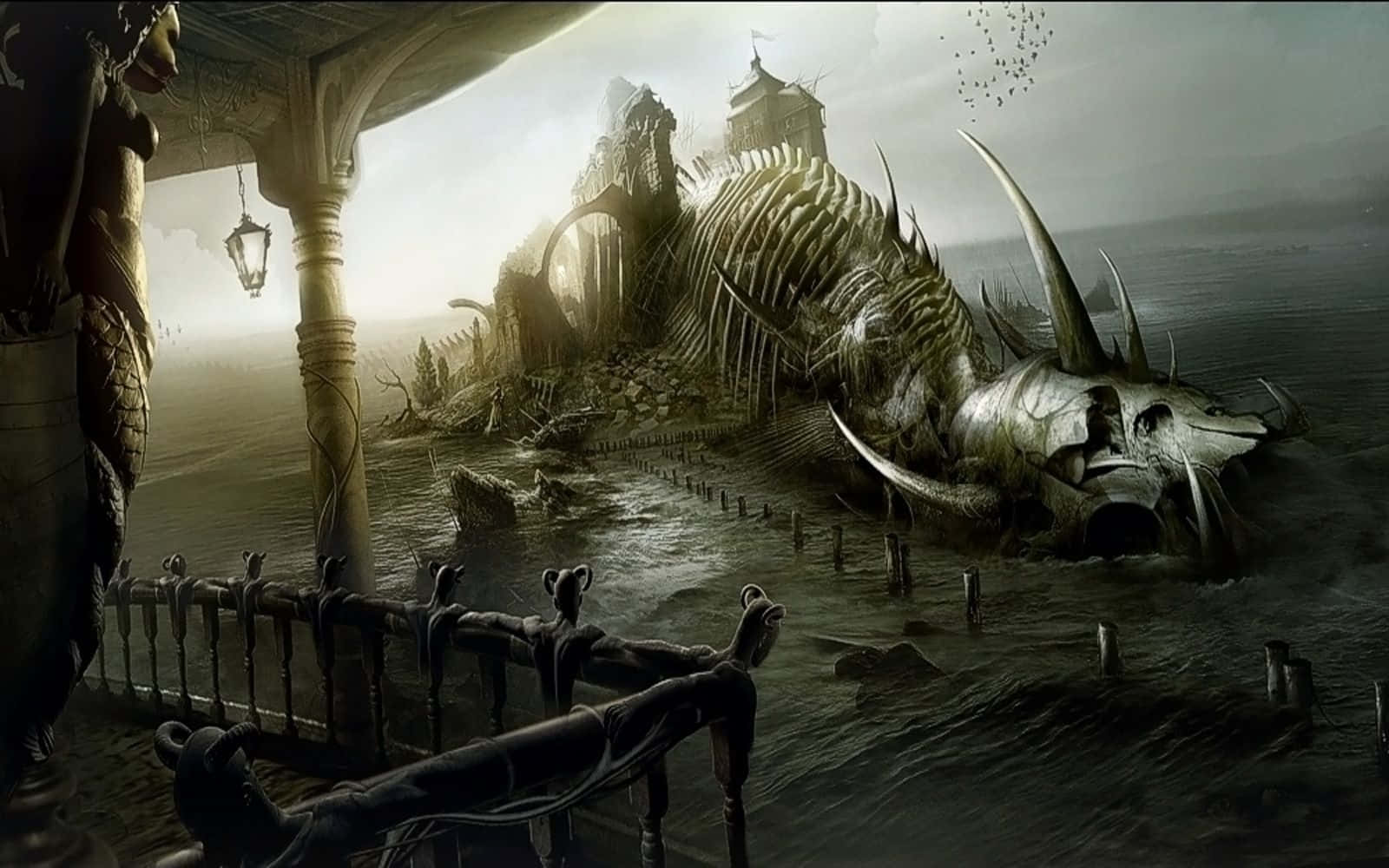 Dark Surrealism, colossal skeletal leviathan, murky waters, HD Desktop Wallpaper