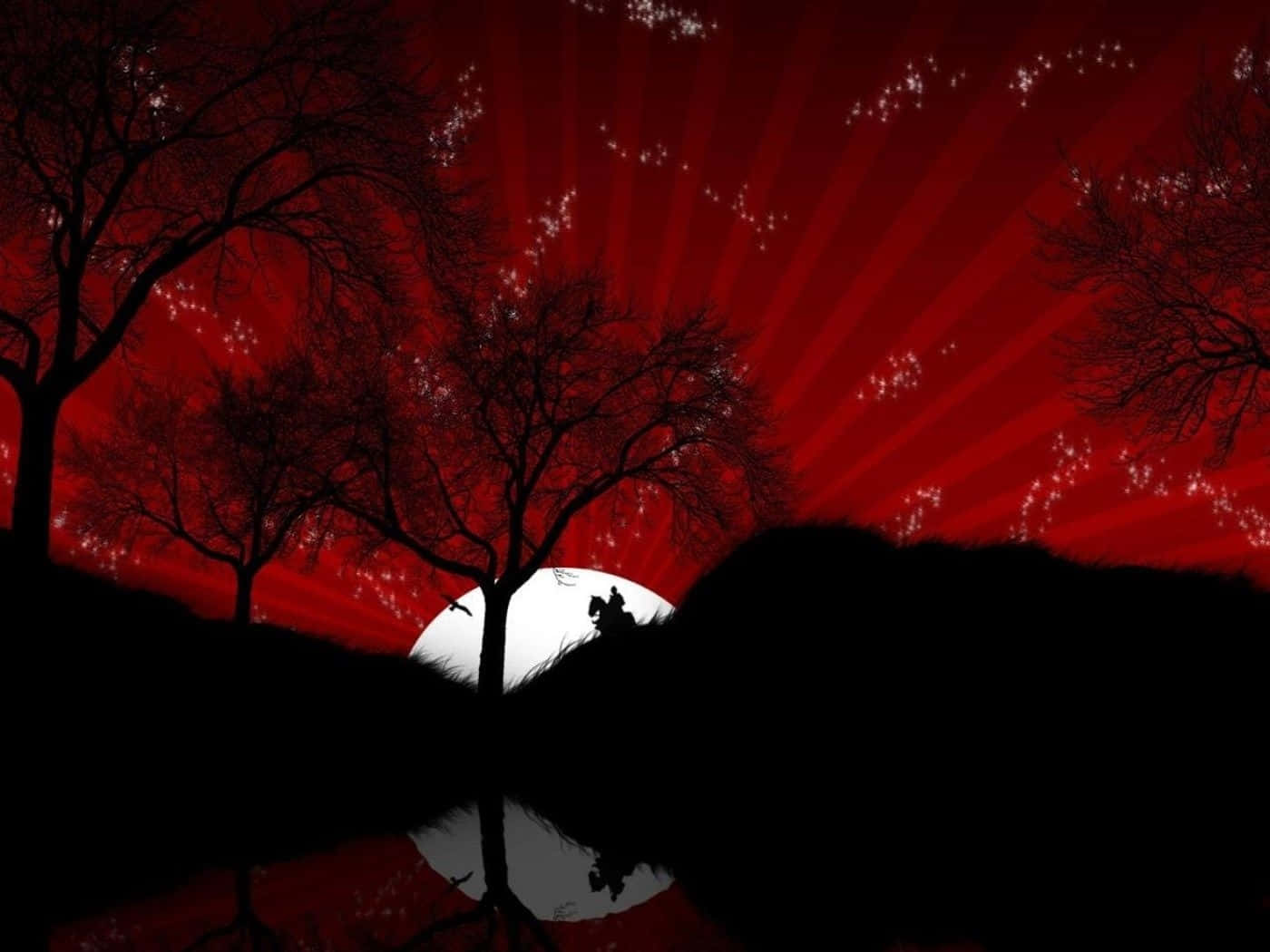 Surreal Forest, radiant red sky, sparkling stars, HD Desktop Wallpaper