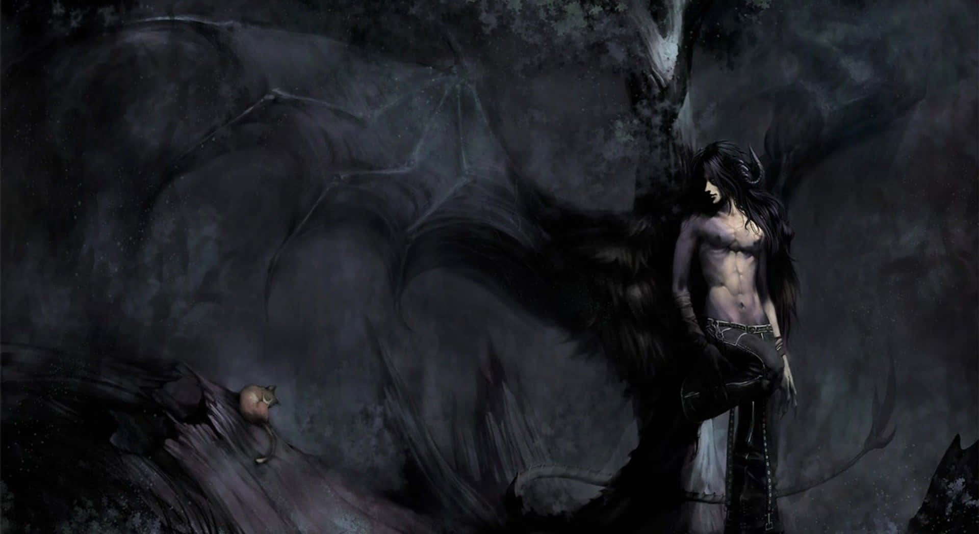 Dark Fantasy, dark-winged figure, long black hair, Full HD Desktop Wallpaper